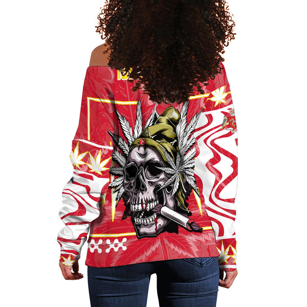 Isle of Man Women Off Shoulder Sweatshirt Flag & Coat Of Arms Marijuanas Style