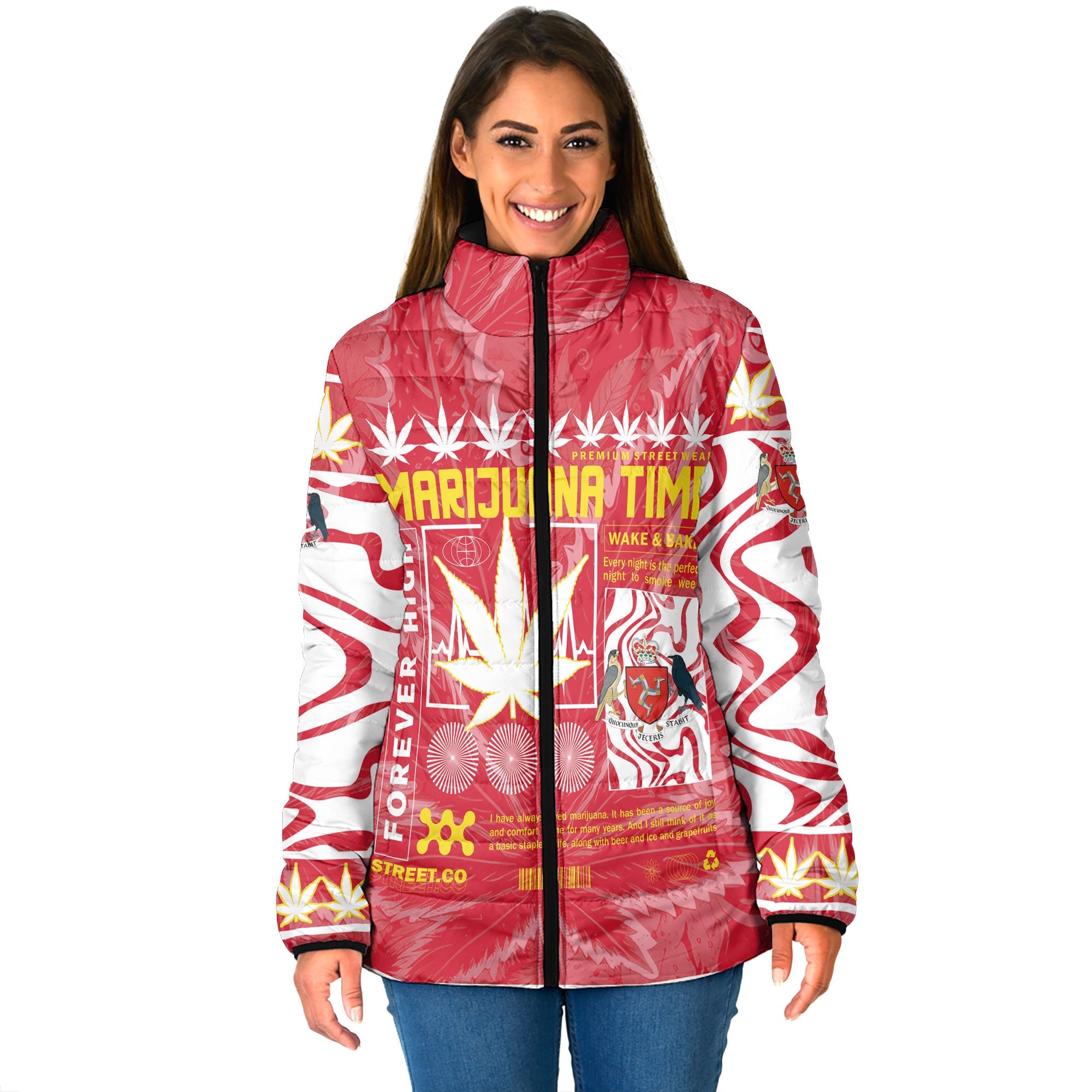 Isle of Man Women Padded Jacket Flag & Coat Of Arms Marijuanas Style