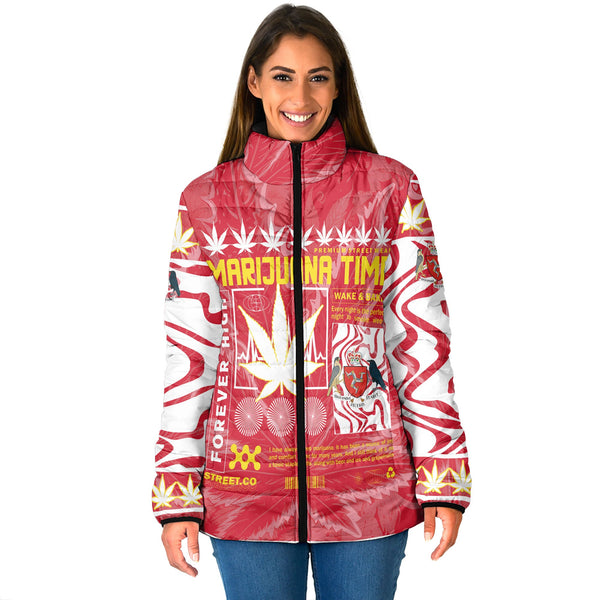 Isle of Man Women Padded Jacket Flag & Coat Of Arms Marijuanas Style