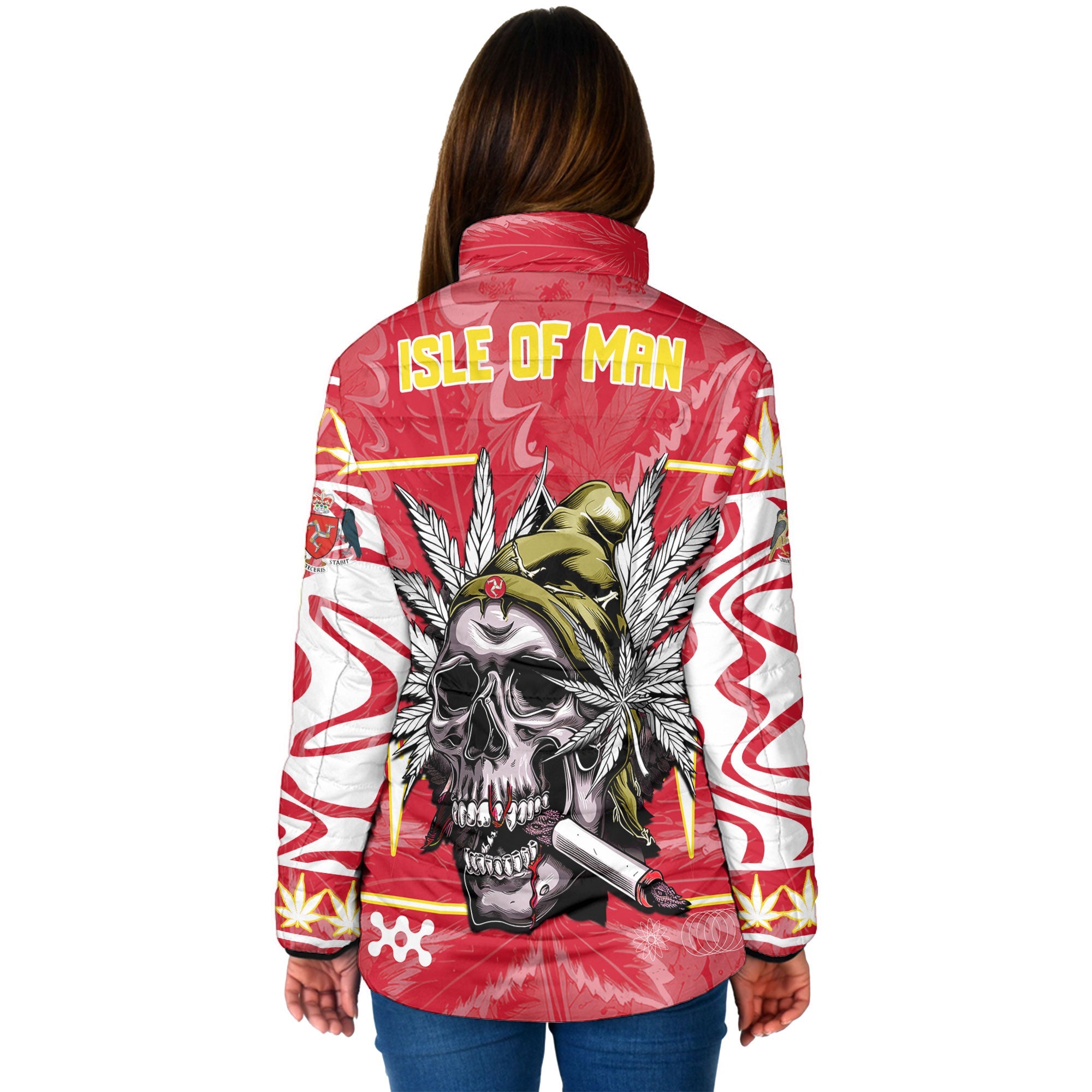 Isle of Man Women Padded Jacket Flag & Coat Of Arms Marijuanas Style