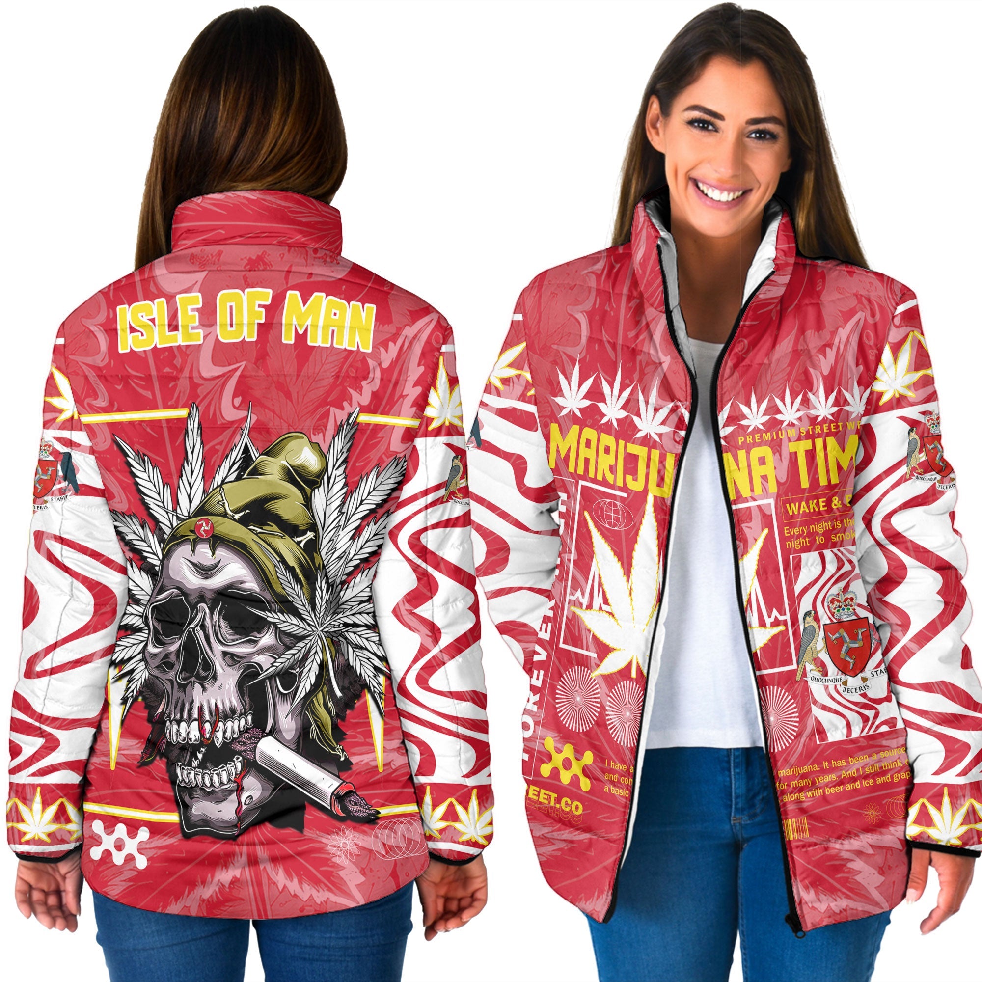 Isle of Man Women Padded Jacket Flag & Coat Of Arms Marijuanas Style