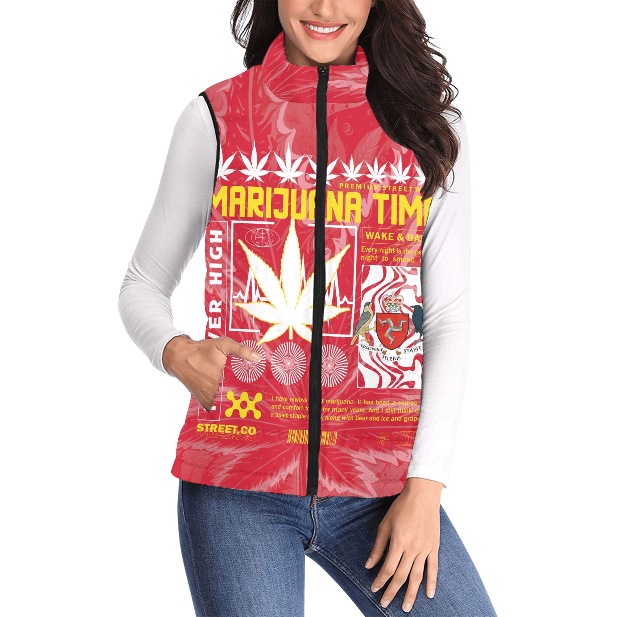 Isle of Man Women Padded Jacket Vest Flag & Coat Of Arms Marijuanas Style