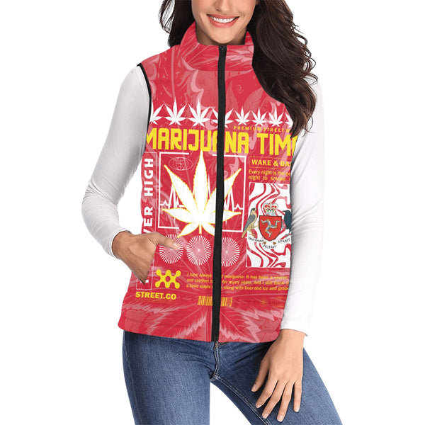 Isle of Man Women Padded Jacket Vest Flag & Coat Of Arms Marijuanas Style