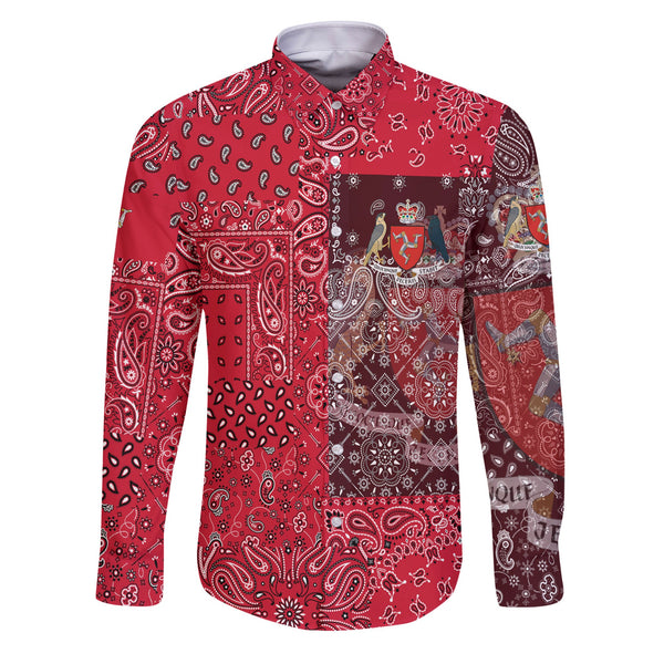 Isle Of Man Long Sleeve Button Shirt Paisley Flag And Skull Style 1