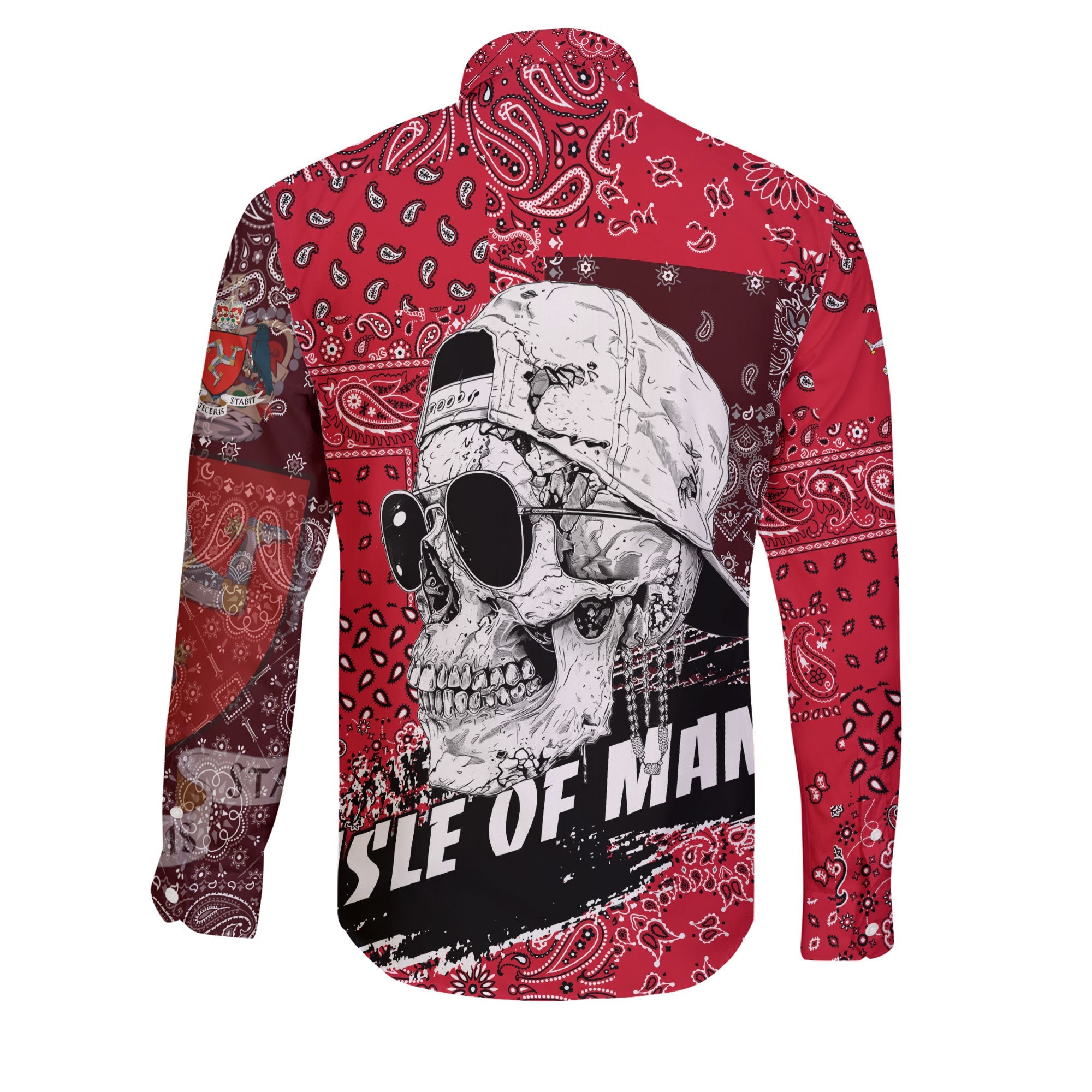 Isle Of Man Long Sleeve Button Shirt Paisley Flag And Skull Style 2