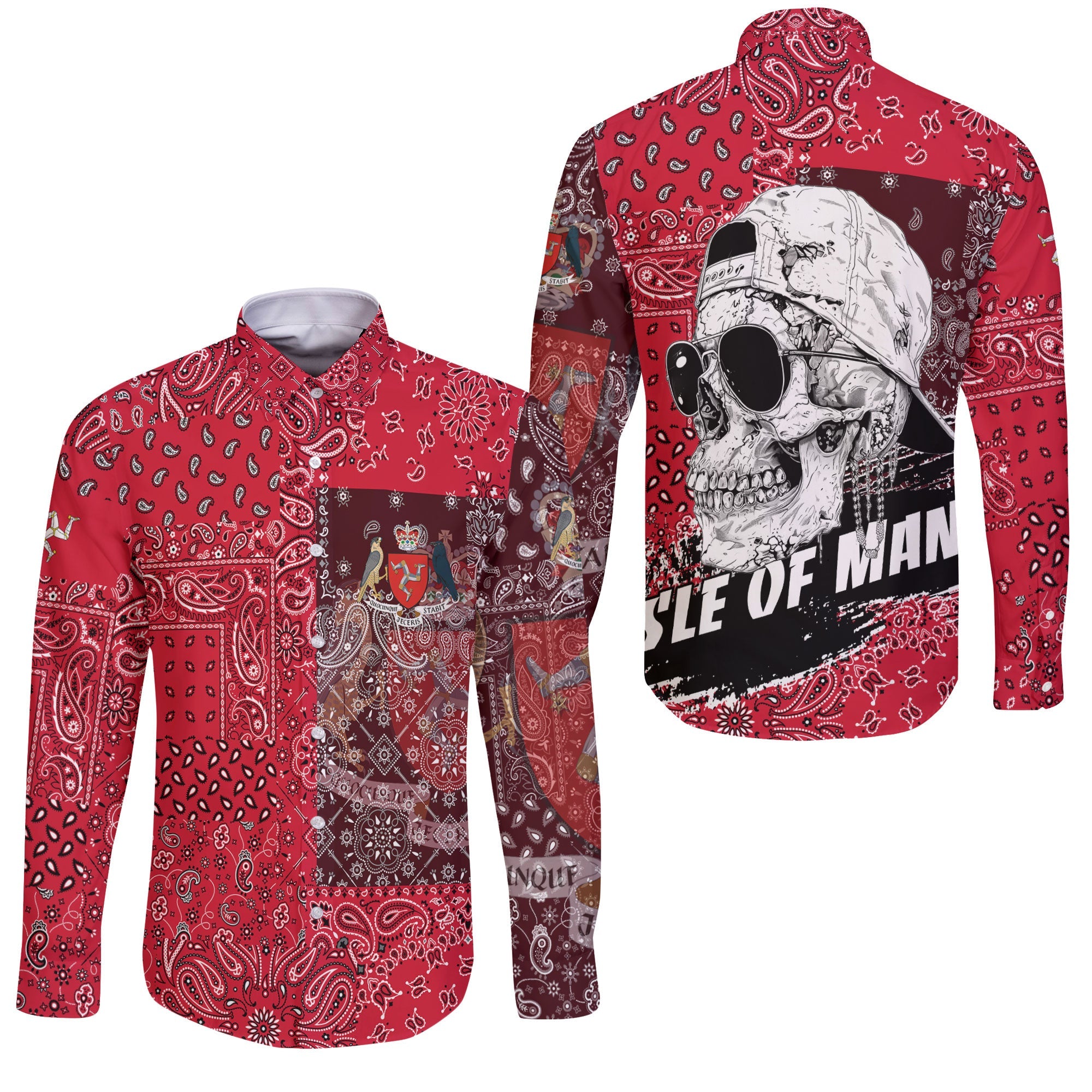 Isle Of Man Long Sleeve Button Shirt Paisley Flag And Skull Style 3