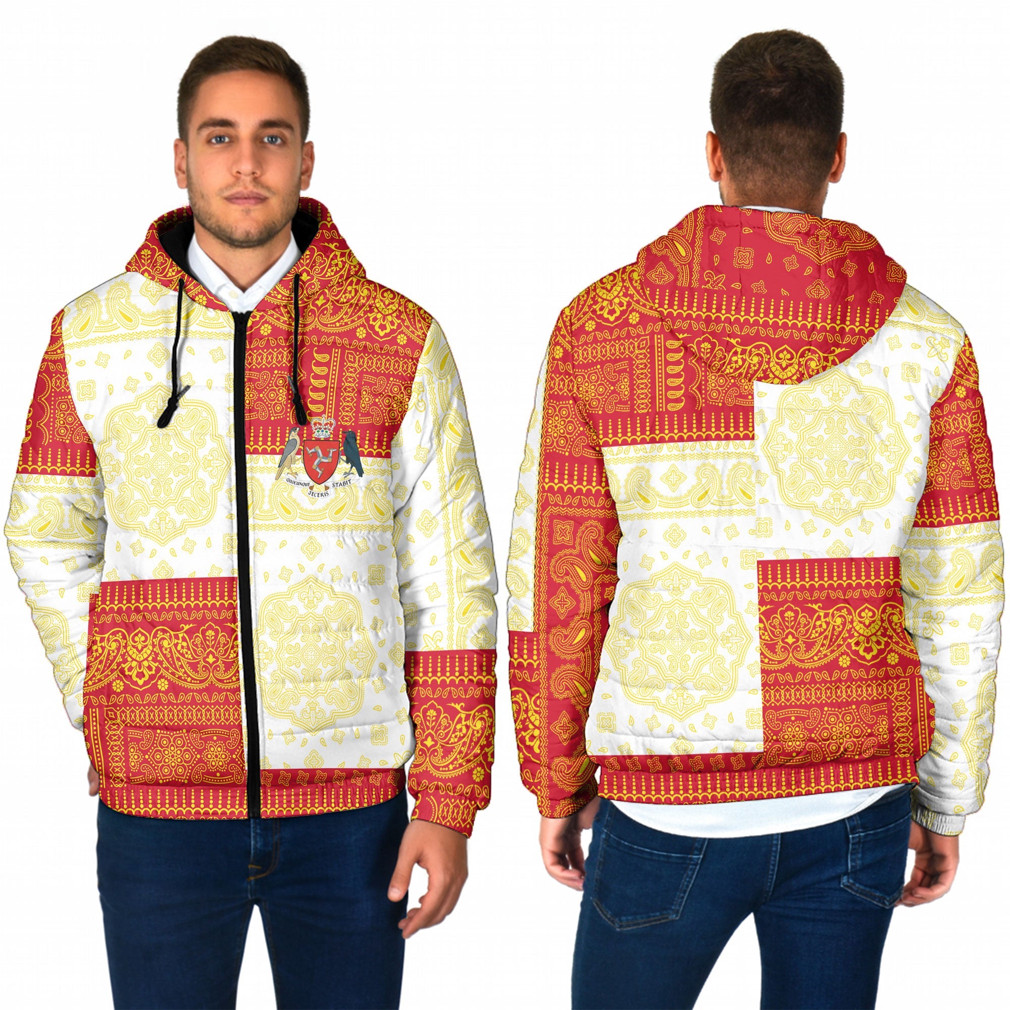 Isle Of Man Men Hooded Padded Jacket Flag And Paisley Basic Style 1