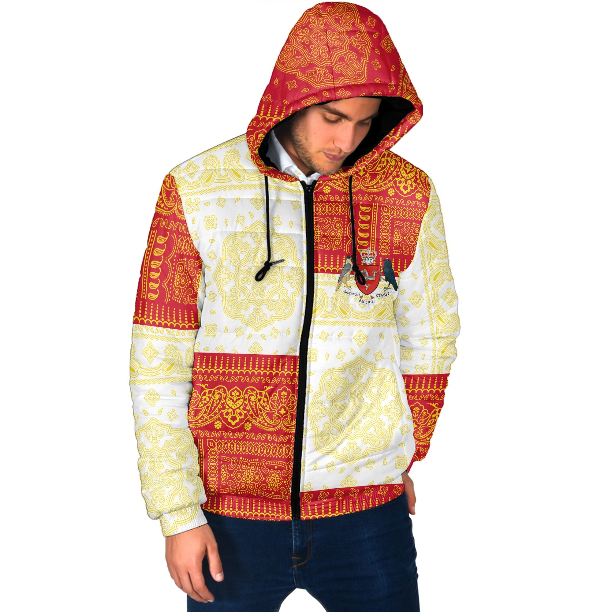 Isle Of Man Men Hooded Padded Jacket Flag And Paisley Basic Style 2