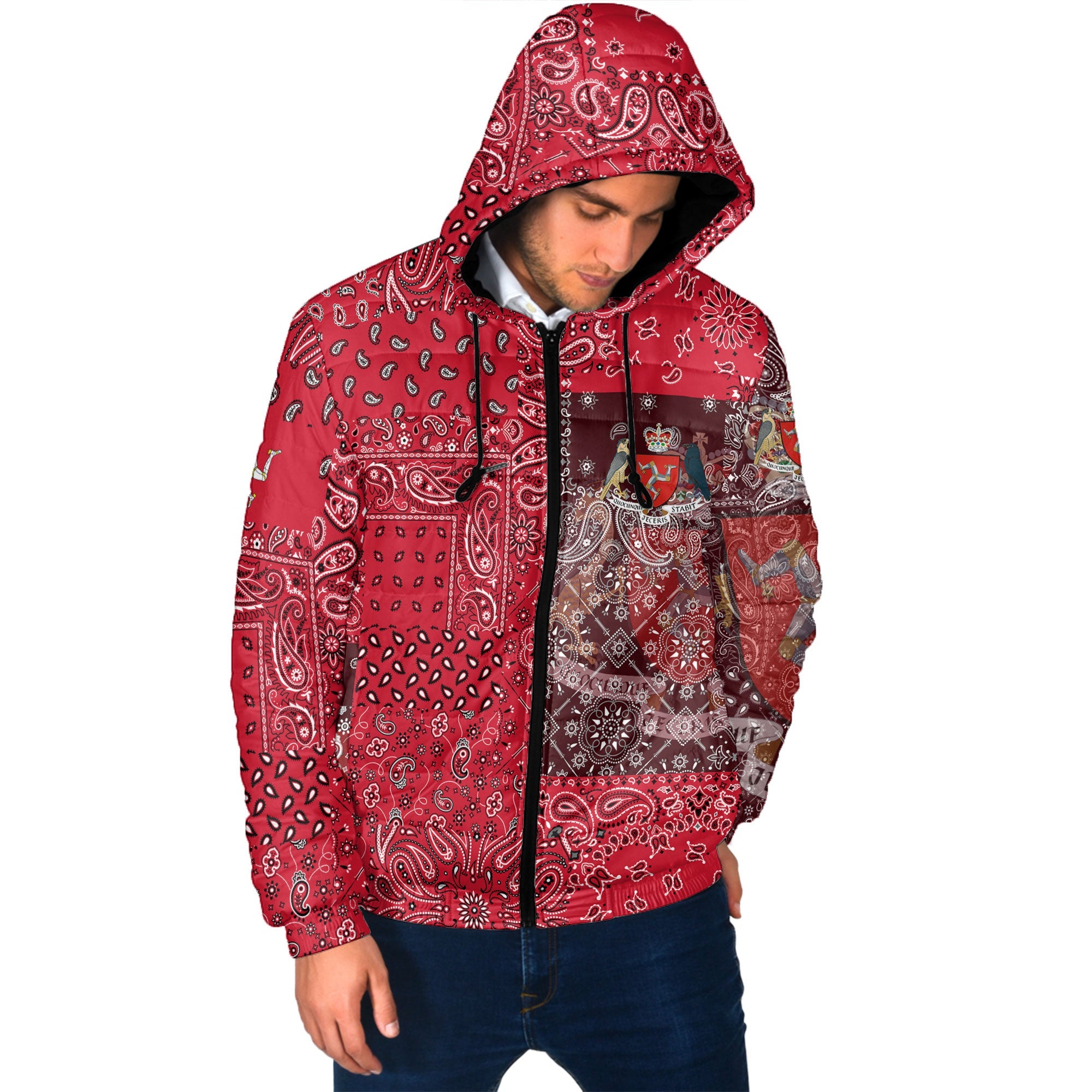 Isle Of Man Men Hooded Padded Jacket Paisley Flag And Skull Style 2