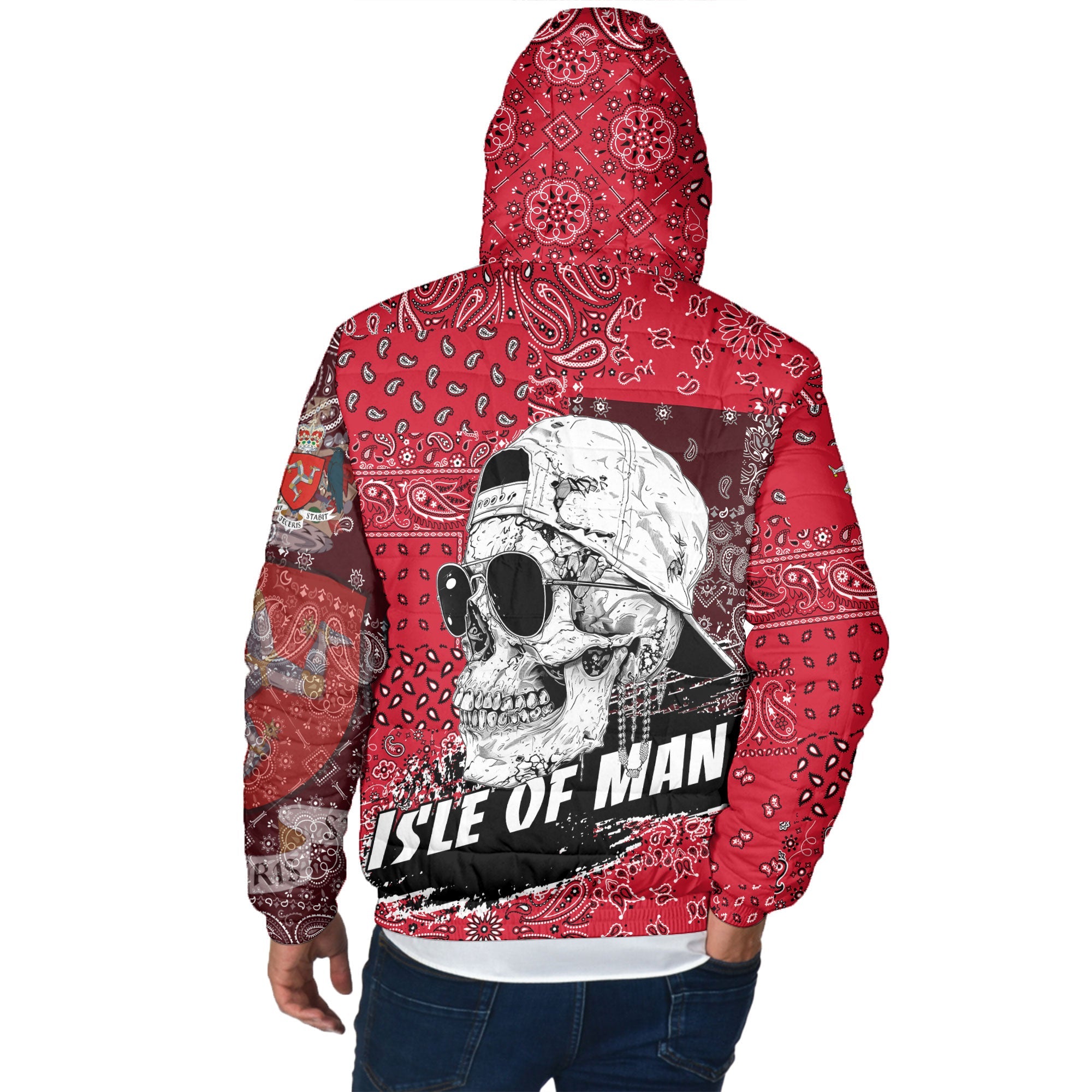 Isle Of Man Men Hooded Padded Jacket Paisley Flag And Skull Style 3