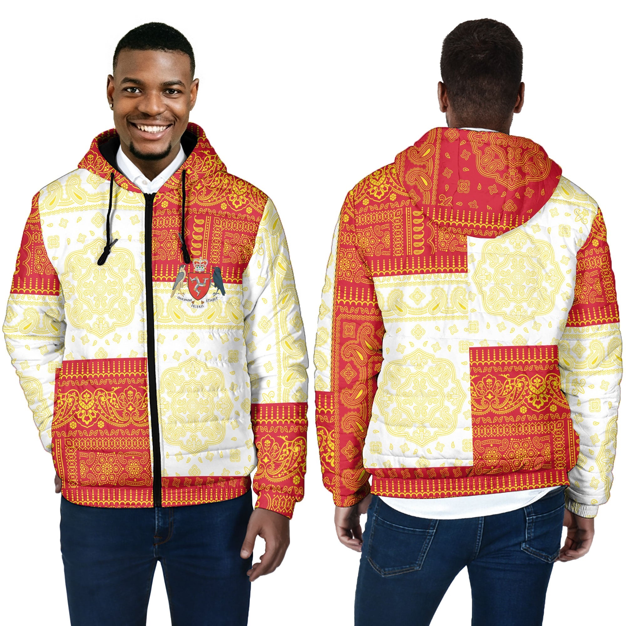 Isle Of Man Men Hooded Padded Jacket Flag And Paisley Basic Style 4