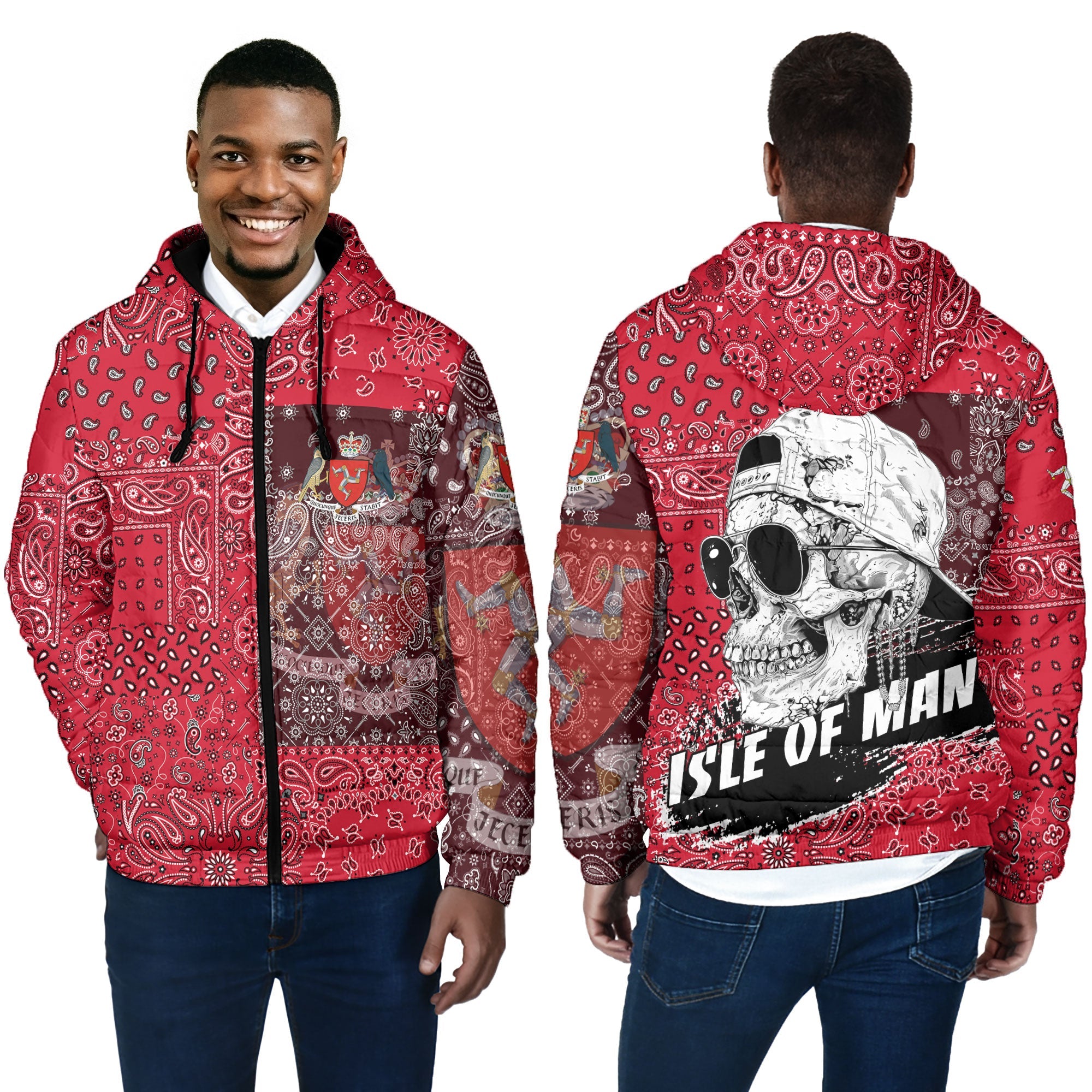 Isle Of Man Men Hooded Padded Jacket Paisley Flag And Skull Style 4