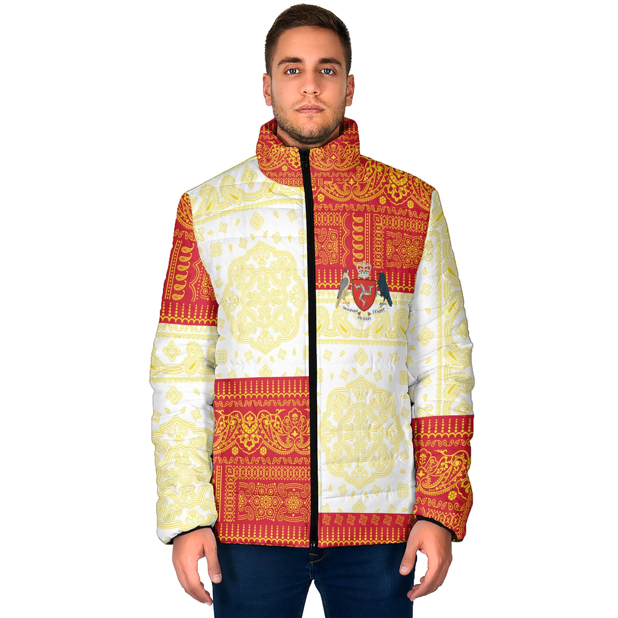 Isle Of Man Men Padded Jacket Flag And Paisley Basic Style 1