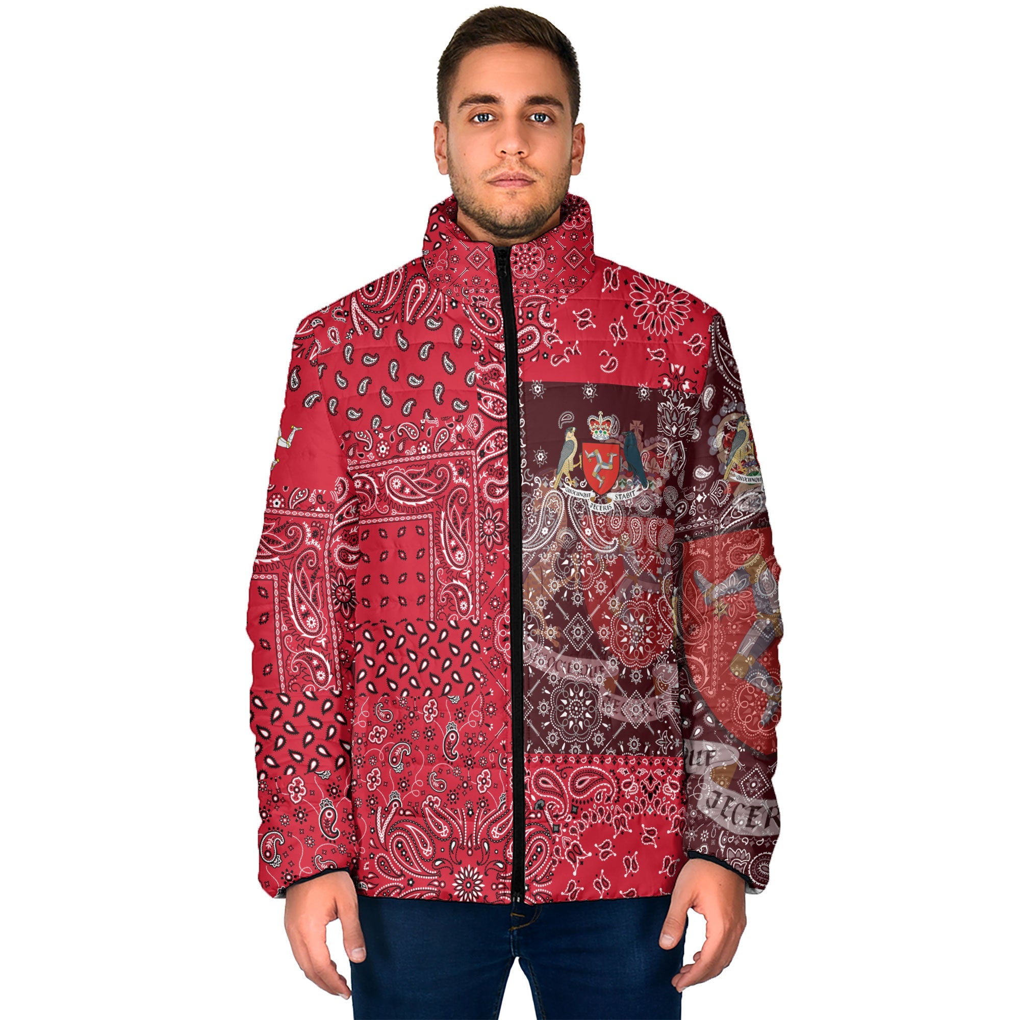 Isle Of Man Men Padded Jacket Paisley Flag And Skull Style 1