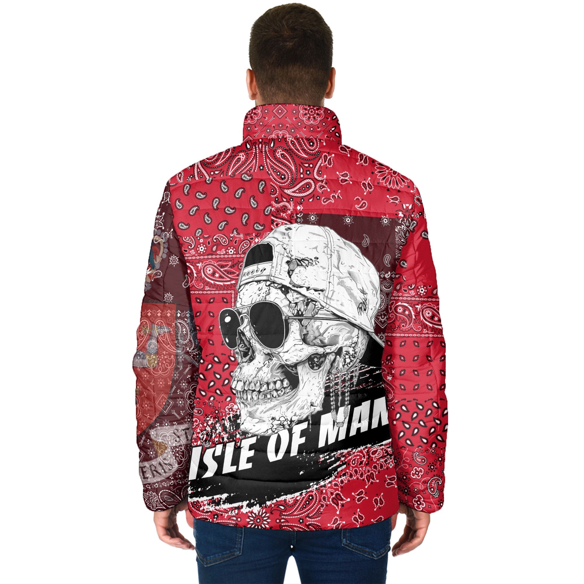 Isle Of Man Men Padded Jacket Paisley Flag And Skull Style 2