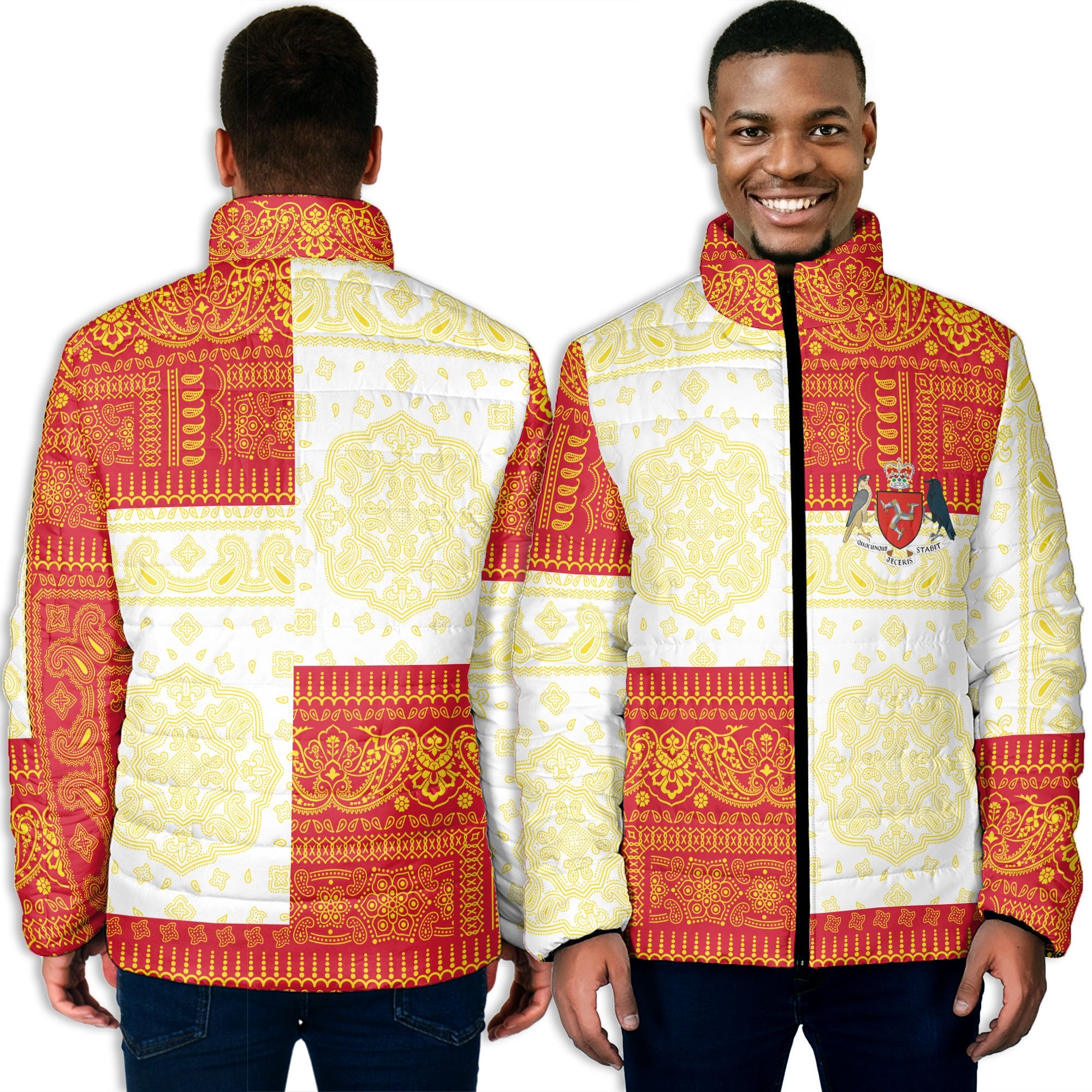 Isle Of Man Men Padded Jacket Flag And Paisley Basic Style 3