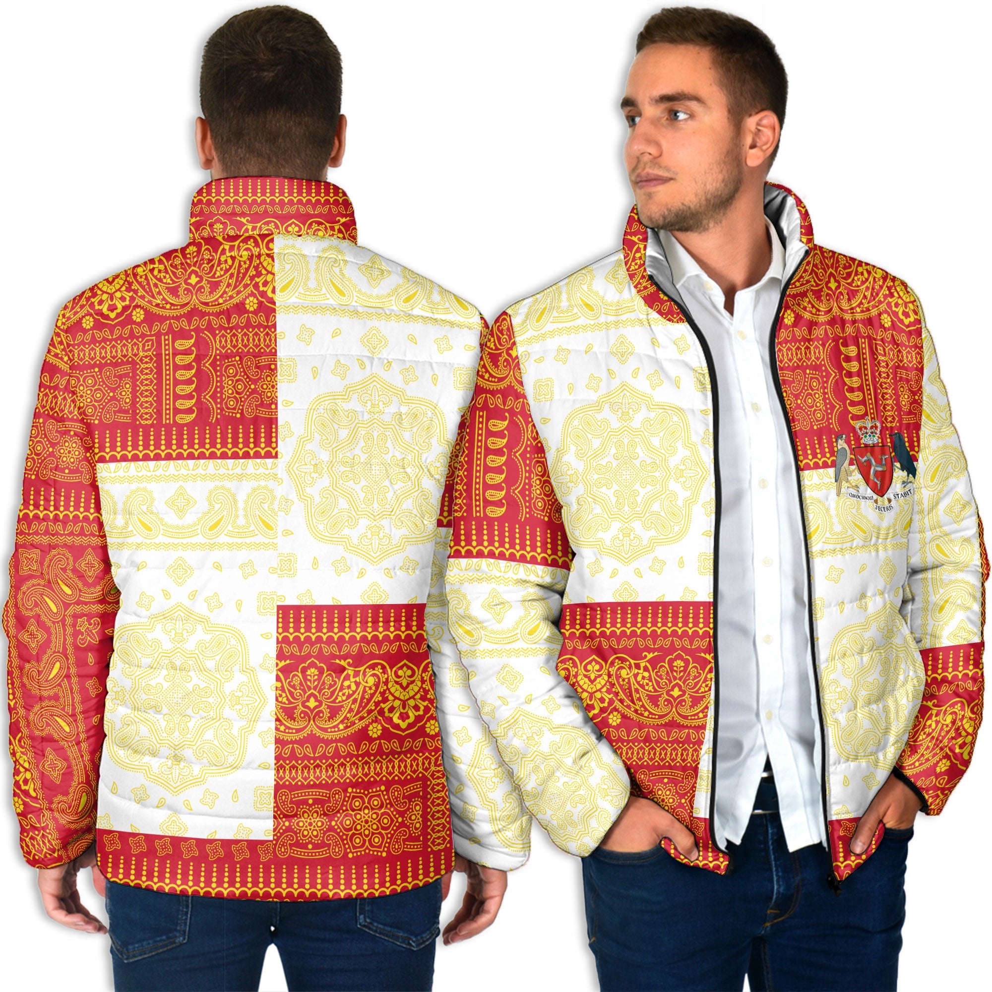 Isle Of Man Men Padded Jacket Flag And Paisley Basic Style 4