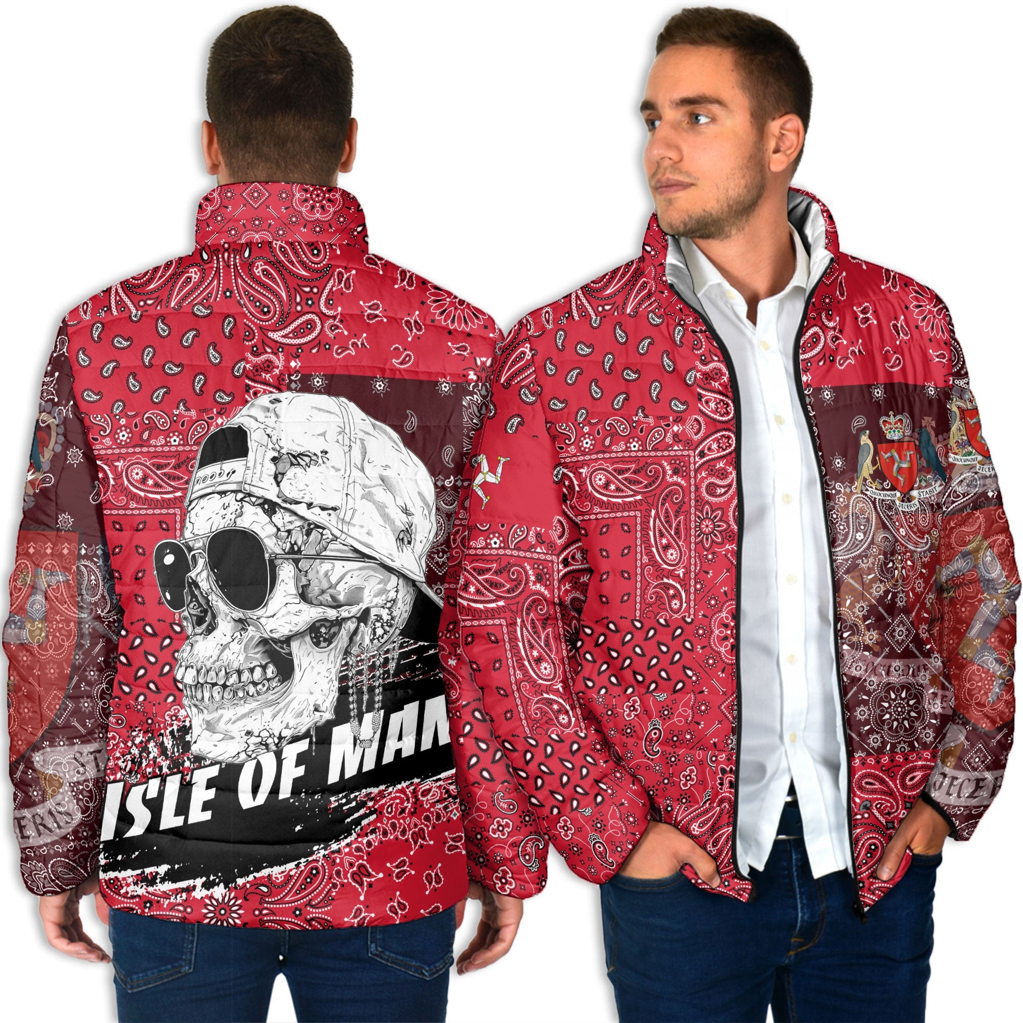 Isle Of Man Men Padded Jacket Paisley Flag And Skull Style 4