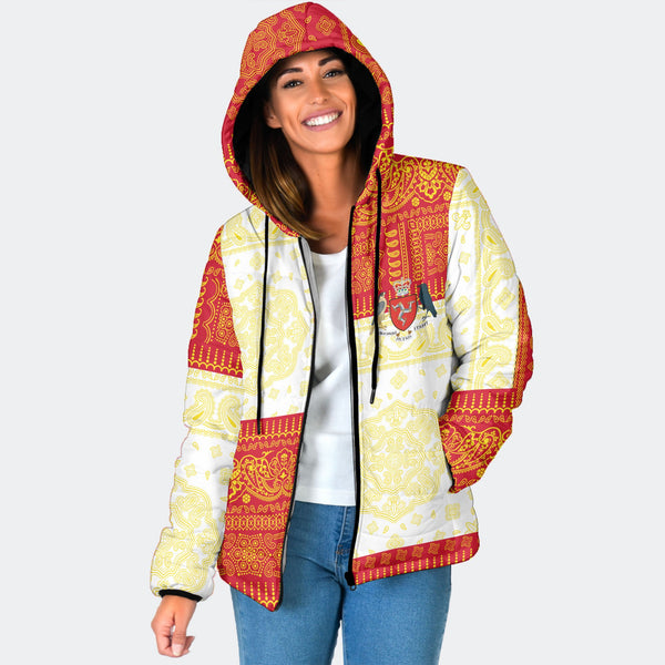 Isle Of Man Women Hooded Padded Jacket Flag And Paisley Basic Style 1