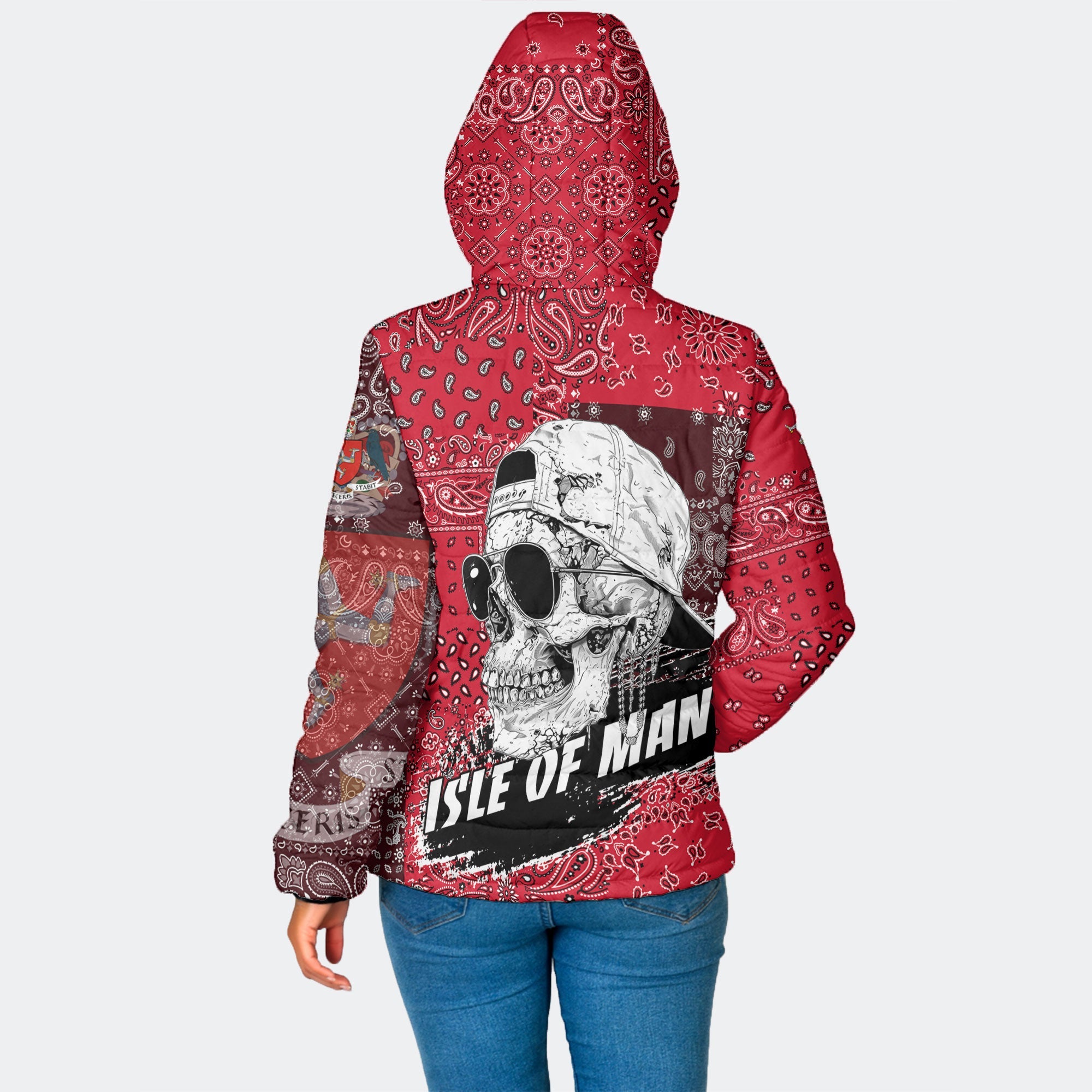 Isle Of Man Women Hooded Padded Jacket Paisley Flag And Skull Style 2