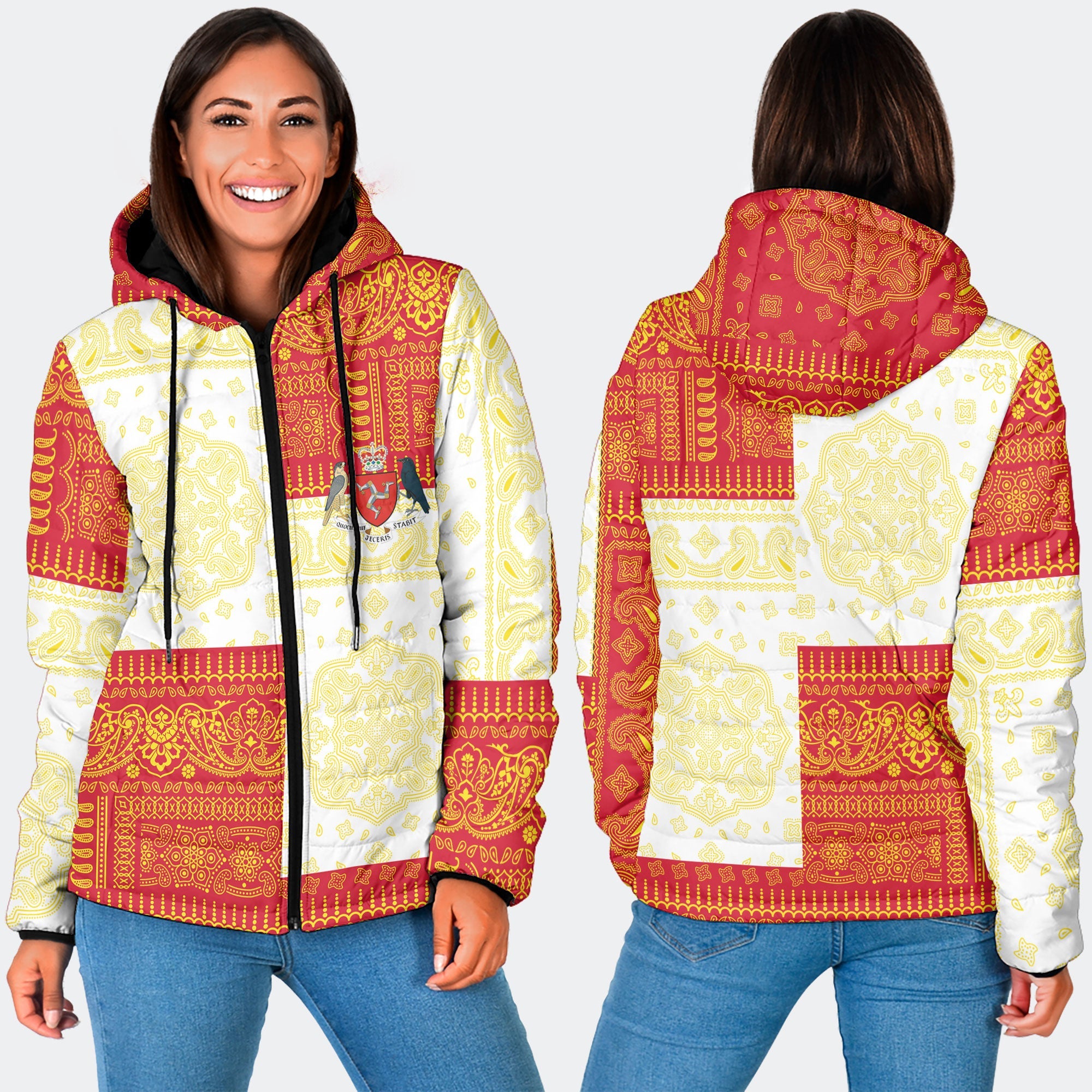 Isle Of Man Women Hooded Padded Jacket Flag And Paisley Basic Style 3