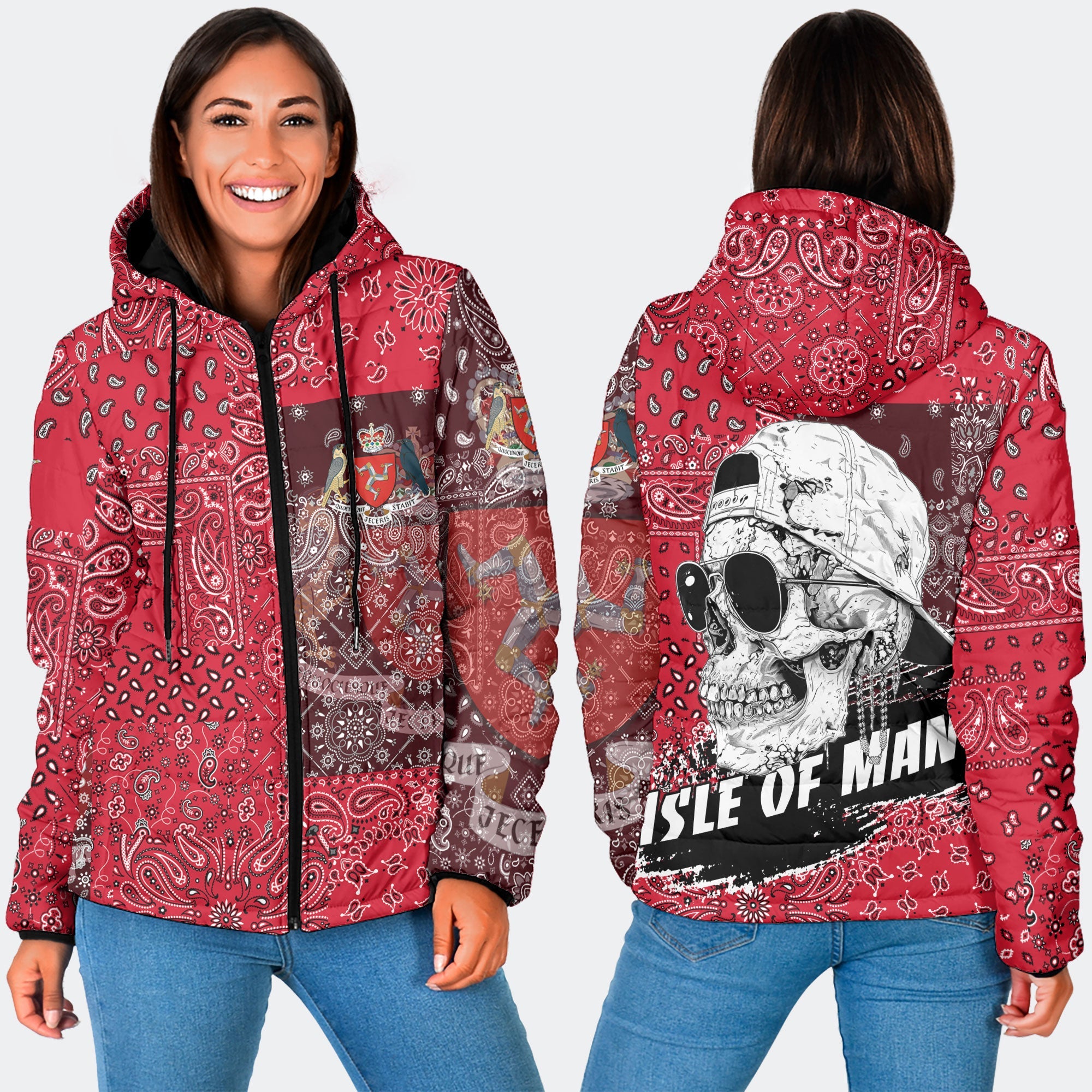 Isle Of Man Women Hooded Padded Jacket Paisley Flag And Skull Style 3