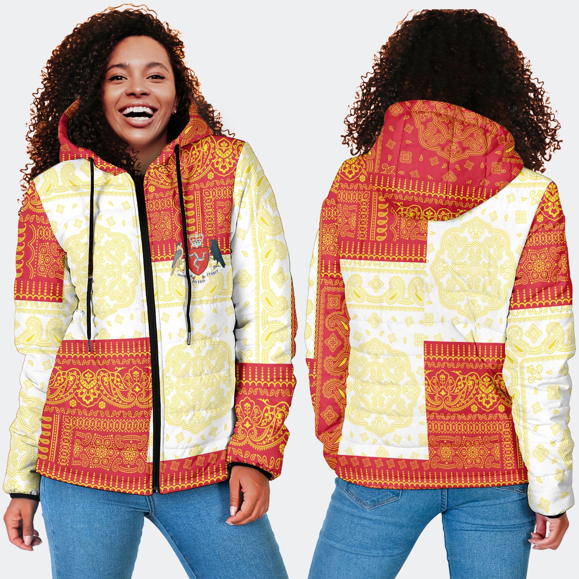 Isle Of Man Women Hooded Padded Jacket Flag And Paisley Basic Style 2