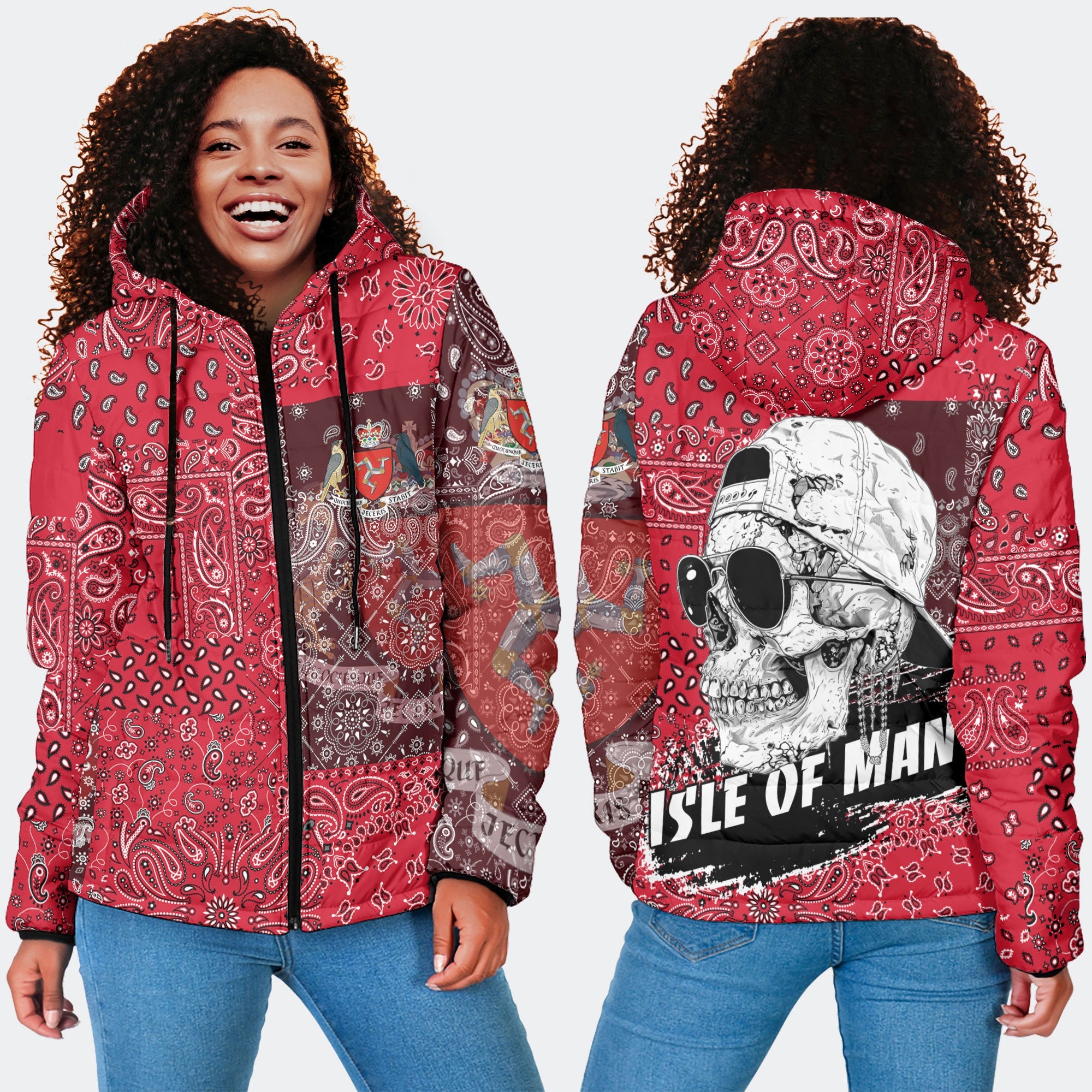 Isle Of Man Women Hooded Padded Jacket Paisley Flag And Skull Style 2