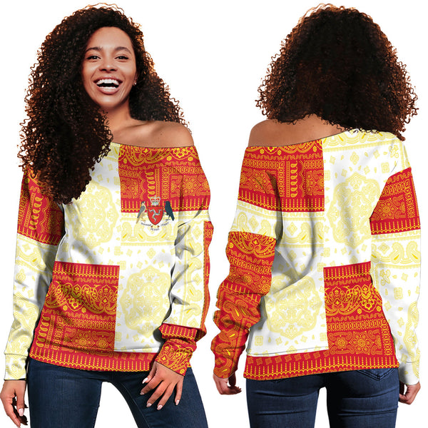 Isle Of Man Women Off Shoulder Sweatshirt Flag And Paisley Basic Style 1