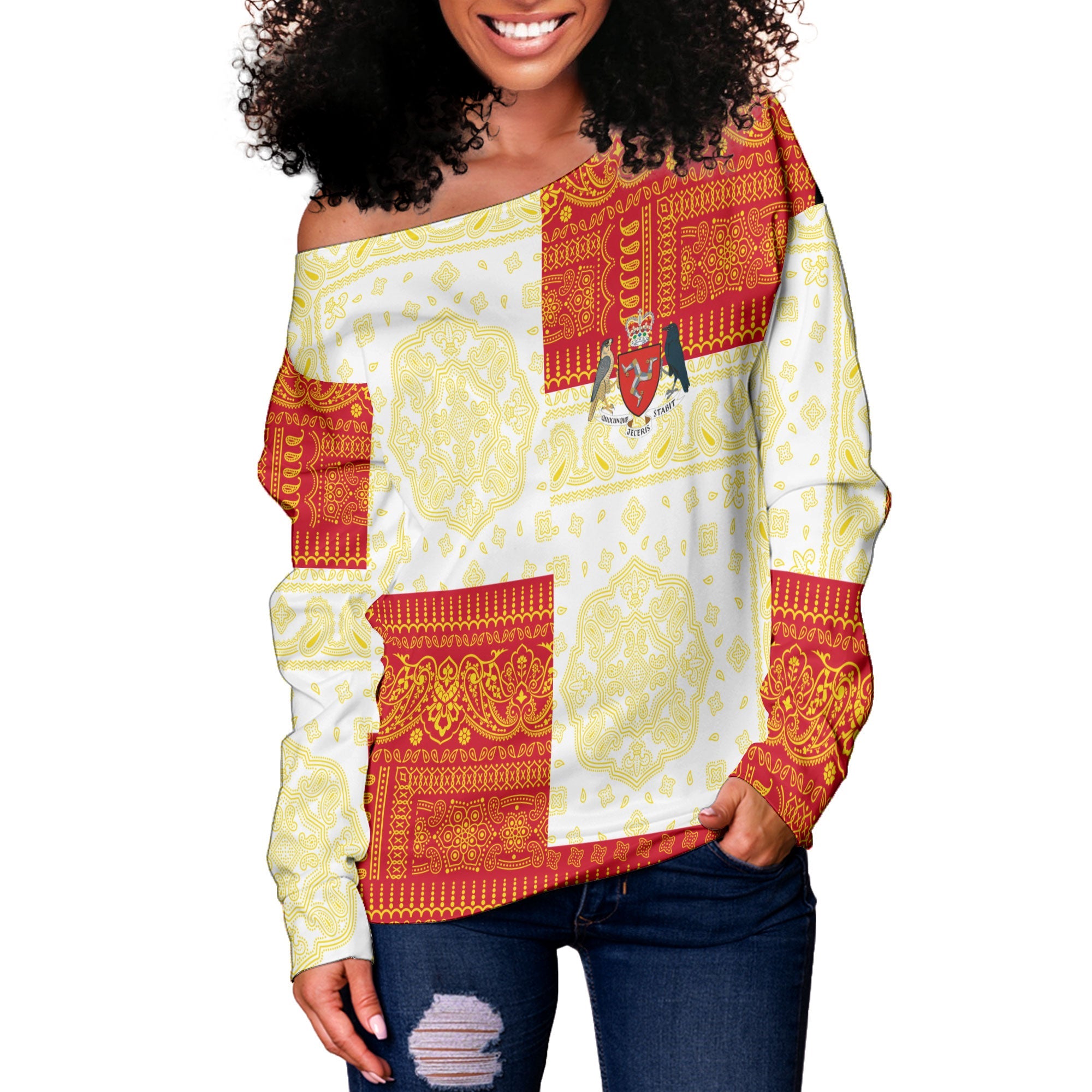 Isle Of Man Women Off Shoulder Sweatshirt Flag And Paisley Basic Style 2