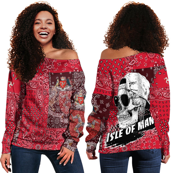 Isle Of Man Women Off Shoulder Sweatshirt Paisley Flag And Skull Style 1