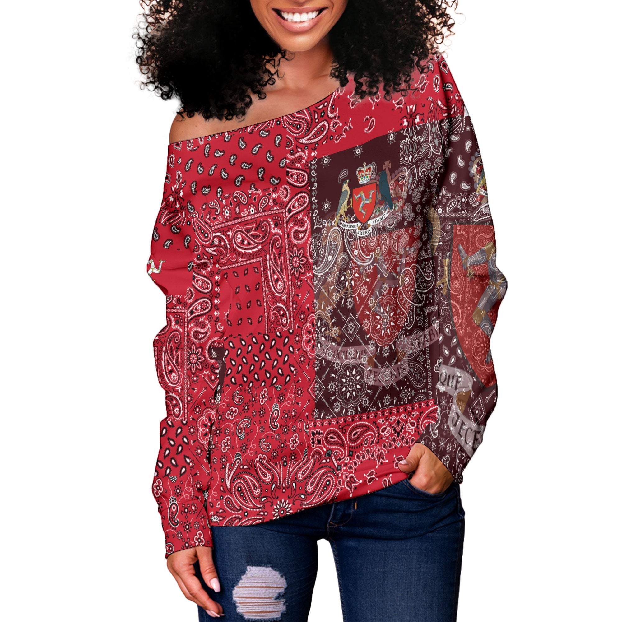 Isle Of Man Women Off Shoulder Sweatshirt Paisley Flag And Skull Style 2