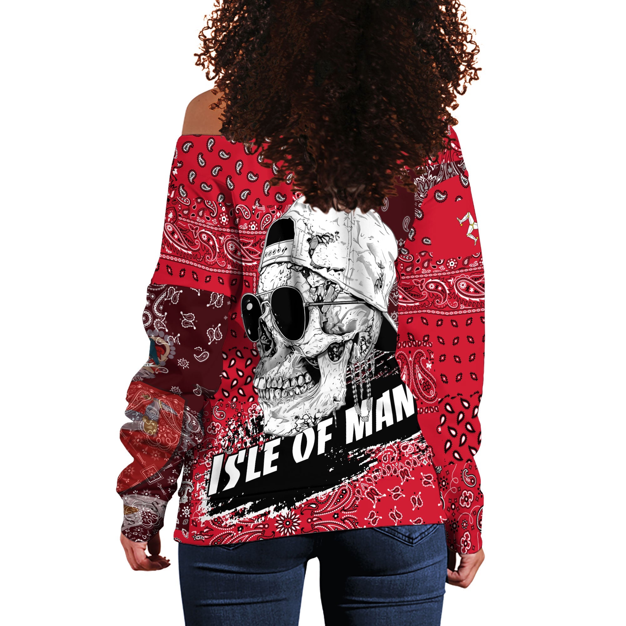 Isle Of Man Women Off Shoulder Sweatshirt Paisley Flag And Skull Style 3