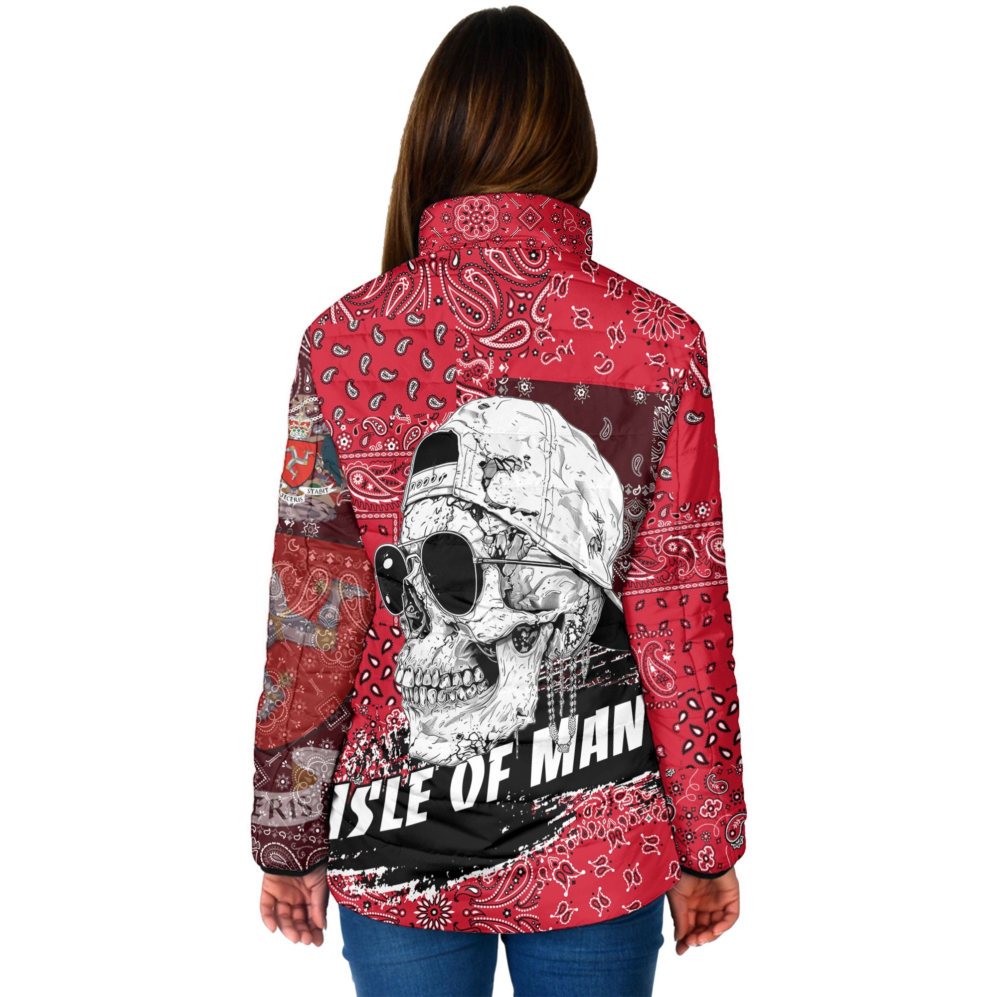 Isle Of Man Women Padded Jacket Paisley Flag And Skull Style 2