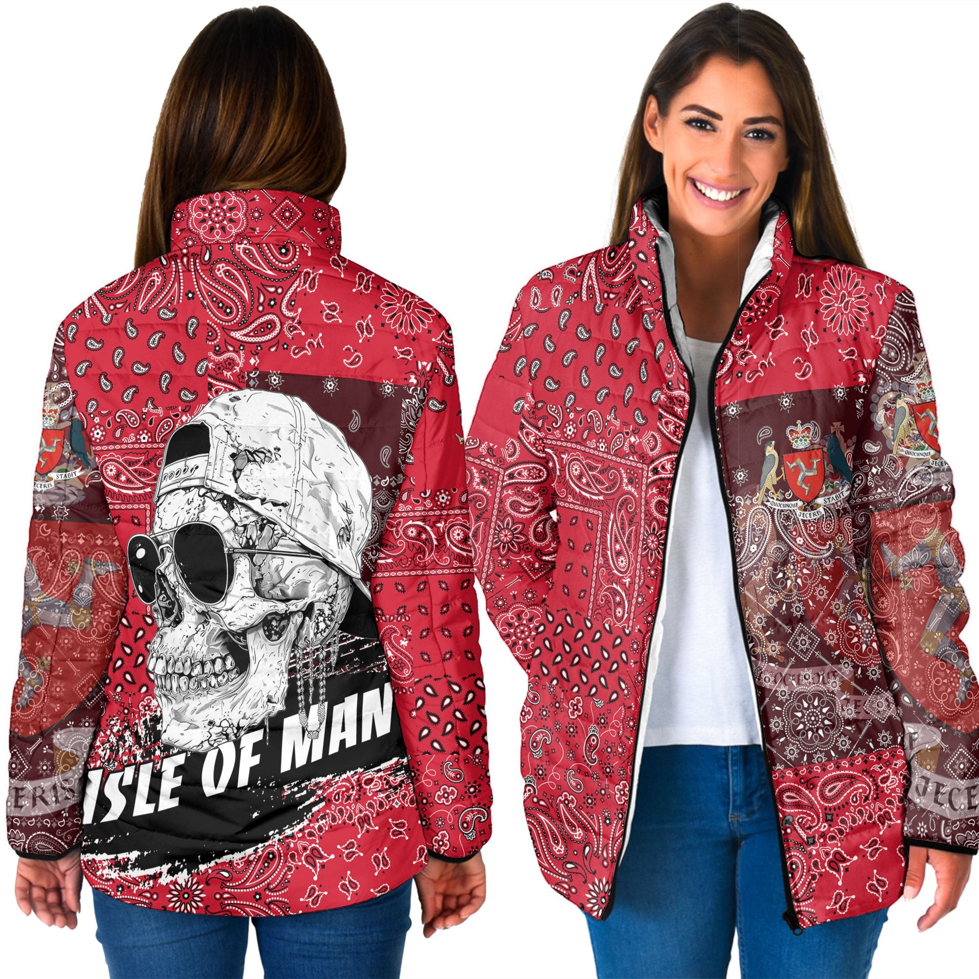 Isle Of Man Women Padded Jacket Paisley Flag And Skull Style 3