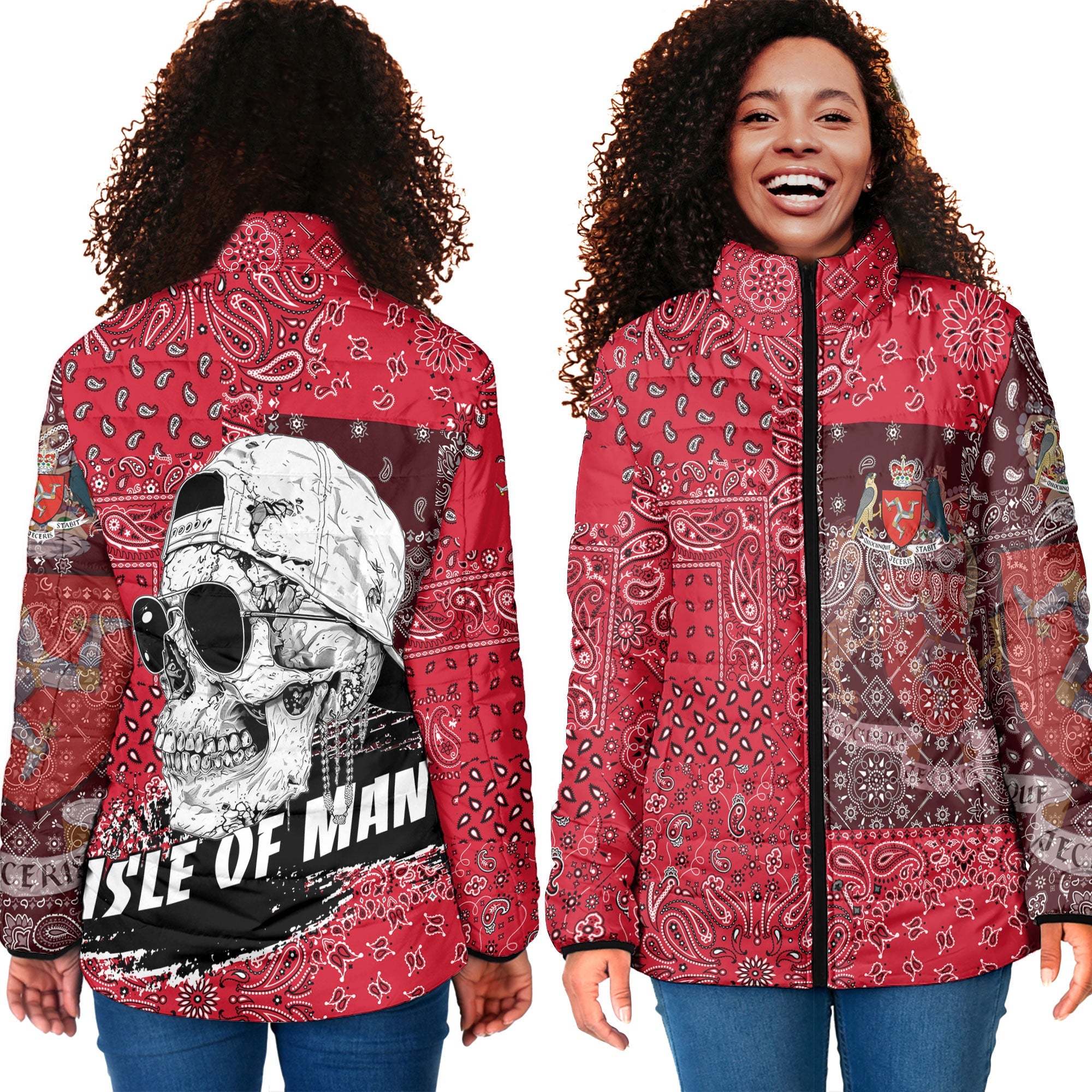 Isle Of Man Women Padded Jacket Paisley Flag And Skull Style 4