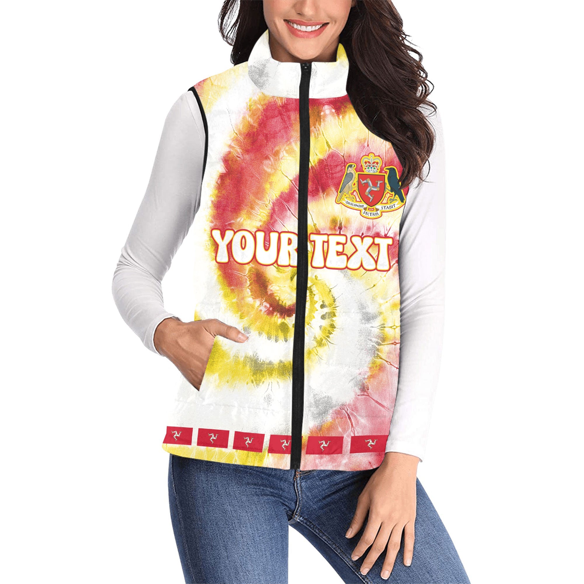 Isle Of Man Women Padded Jacket Vest Custom Tie Dye Style 1