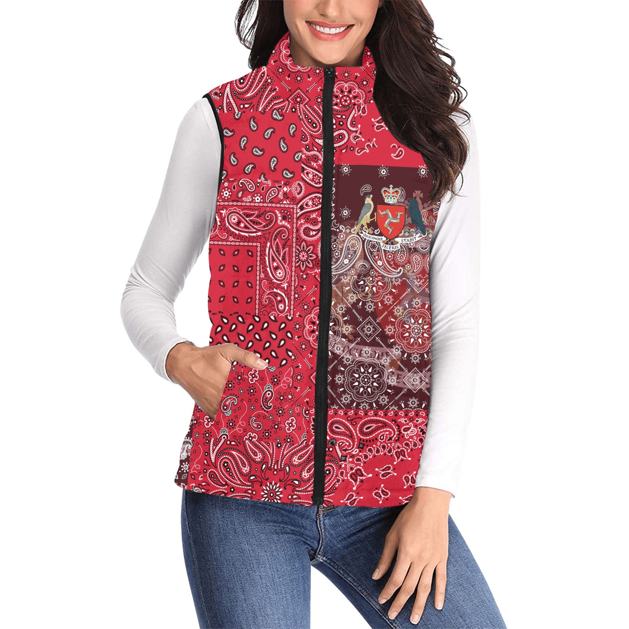 Isle Of Man Women Padded Jacket Vest Paisley Flag And Skull Style 1