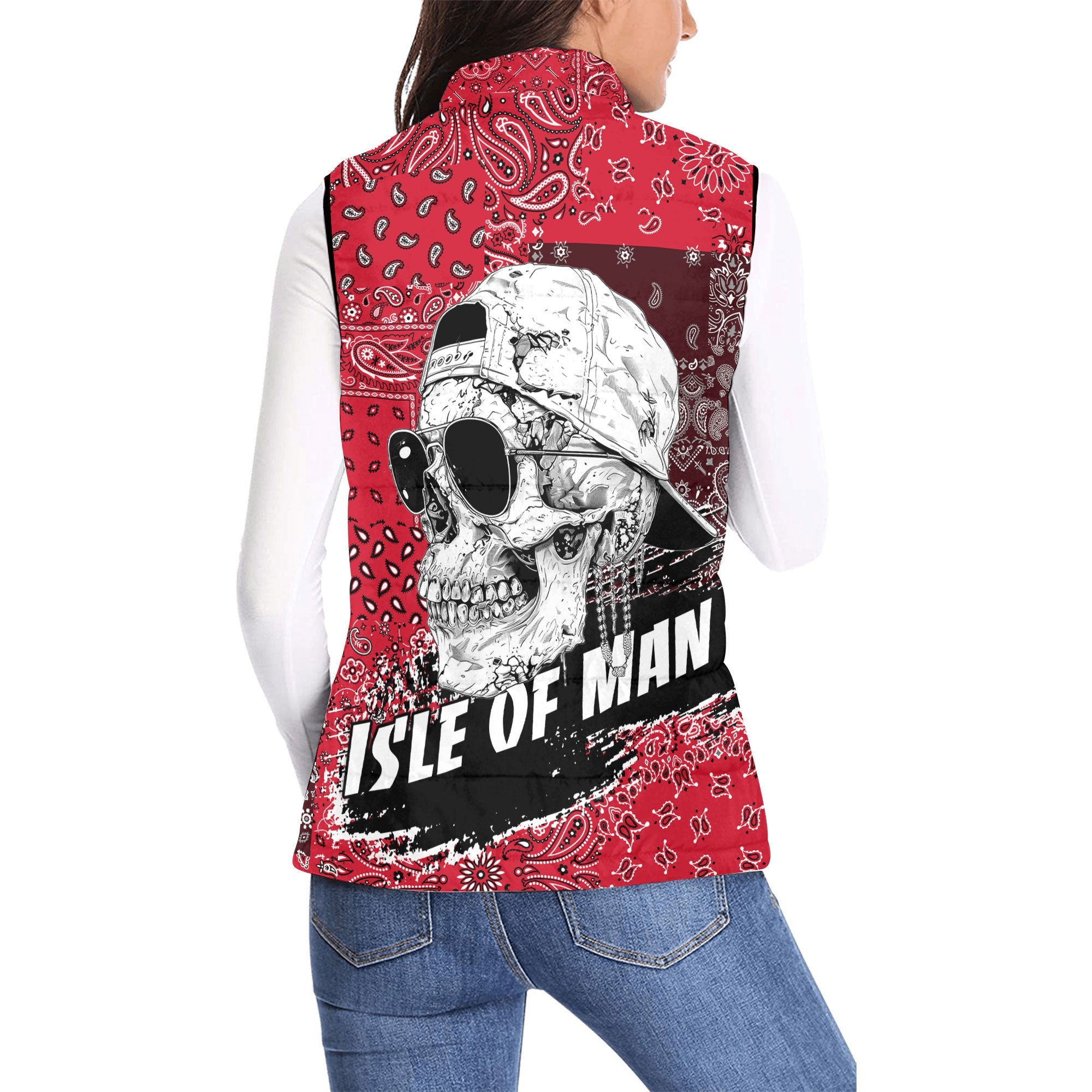 Isle Of Man Women Padded Jacket Vest Paisley Flag And Skull Style 2