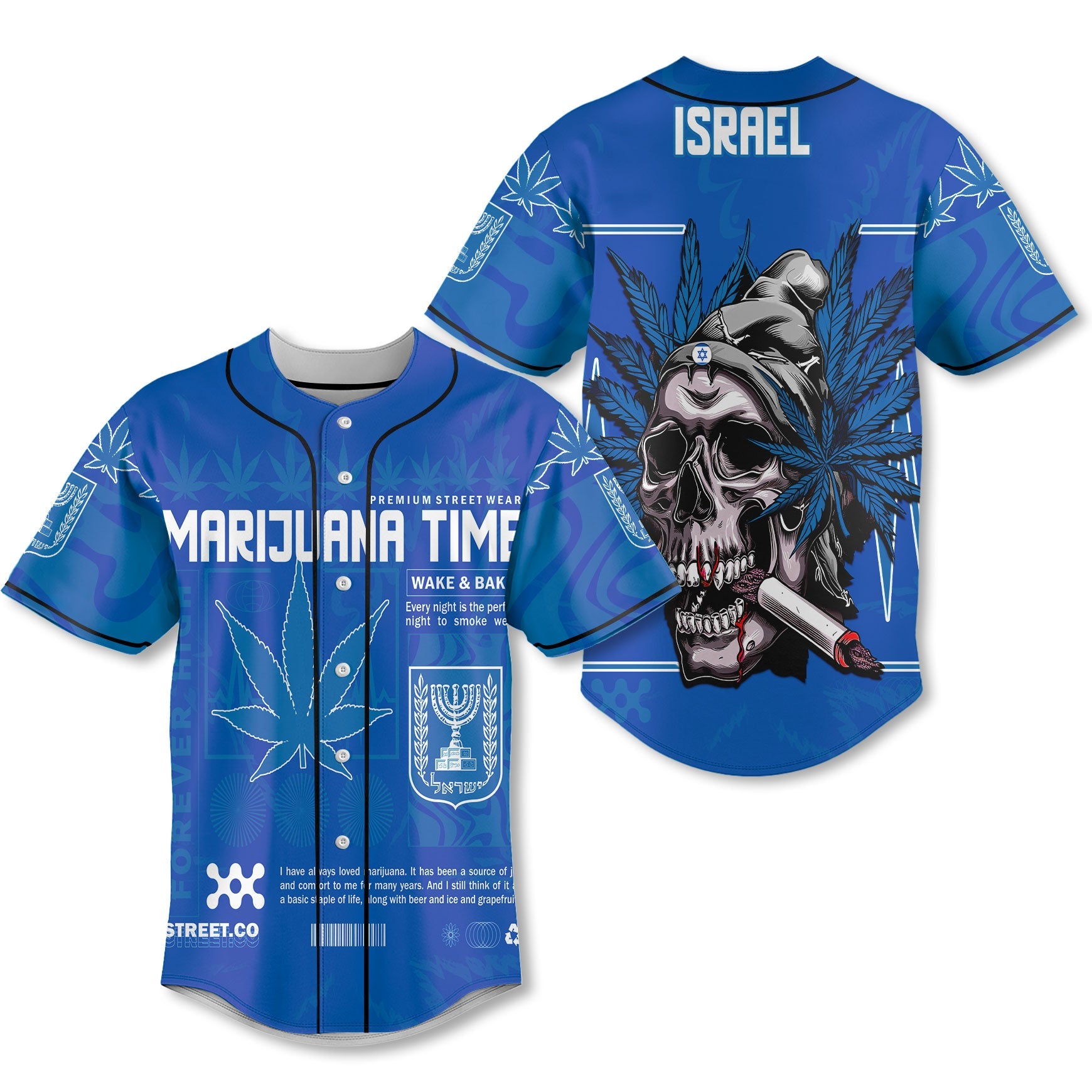 Israel Baseball Jersey Flag & Coat Of Arms Marijuanas Style