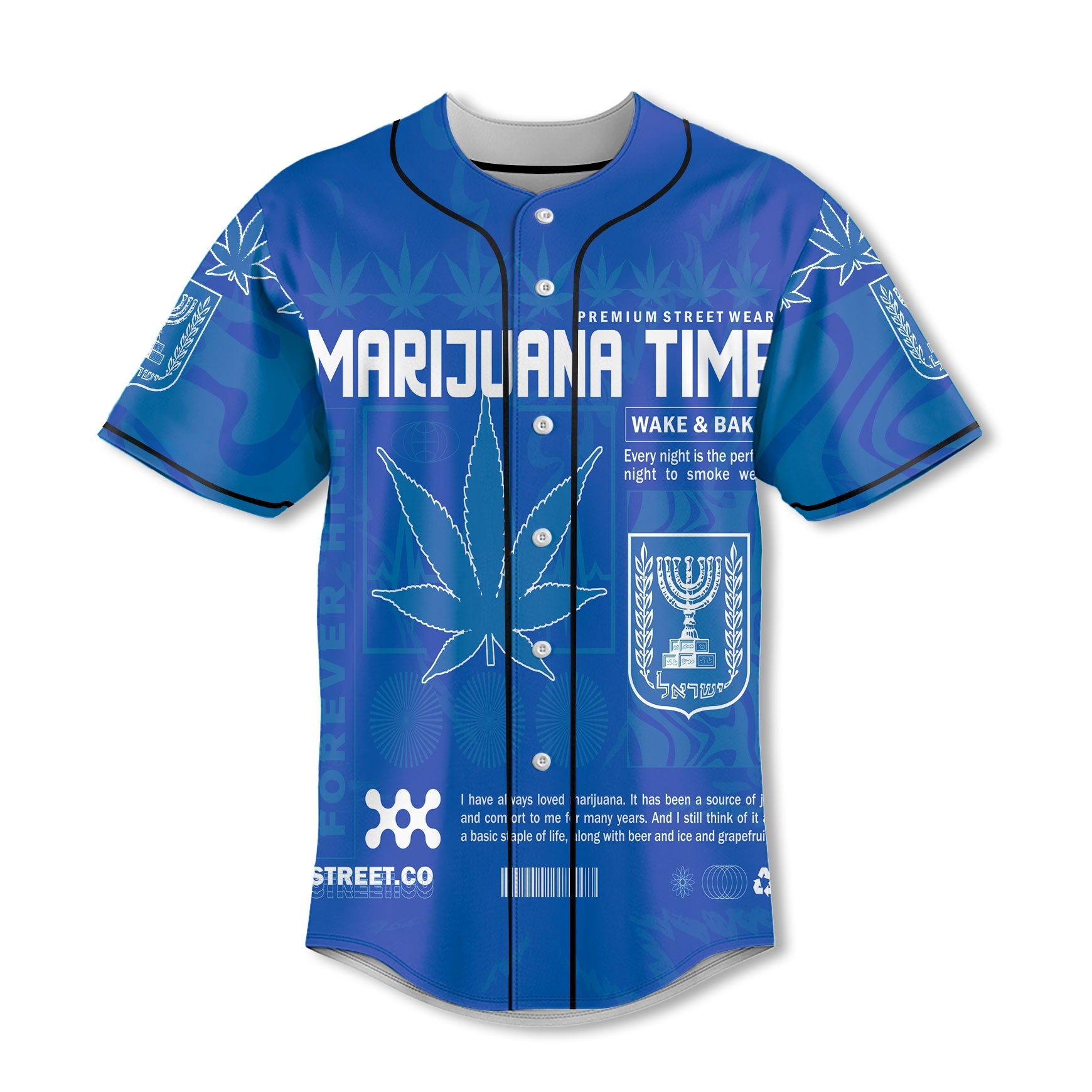 Israel Baseball Jersey Flag & Coat Of Arms Marijuanas Style