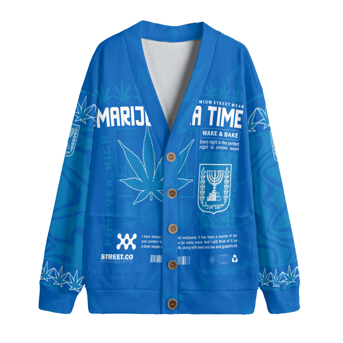 Israel Fleece Cardigan Flag & Coat Of Arms Marijuanas Style