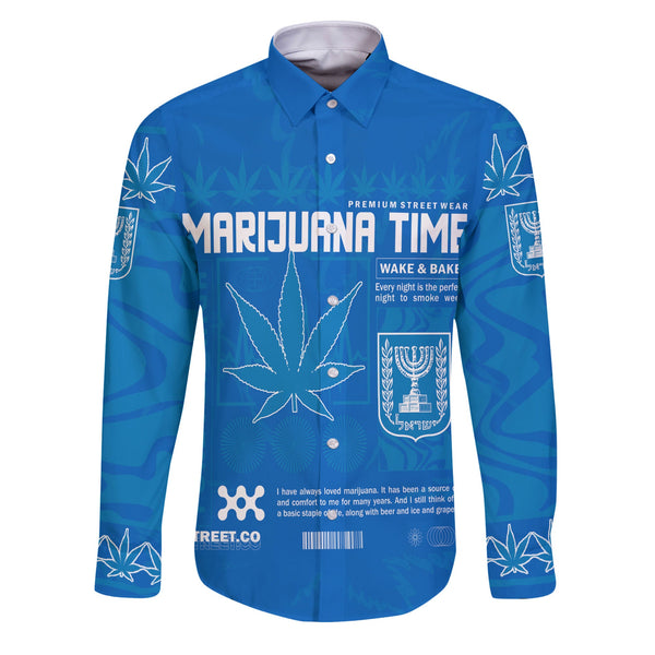 Israel Long Sleeve Button Shirt Flag & Coat Of Arms Marijuanas Style