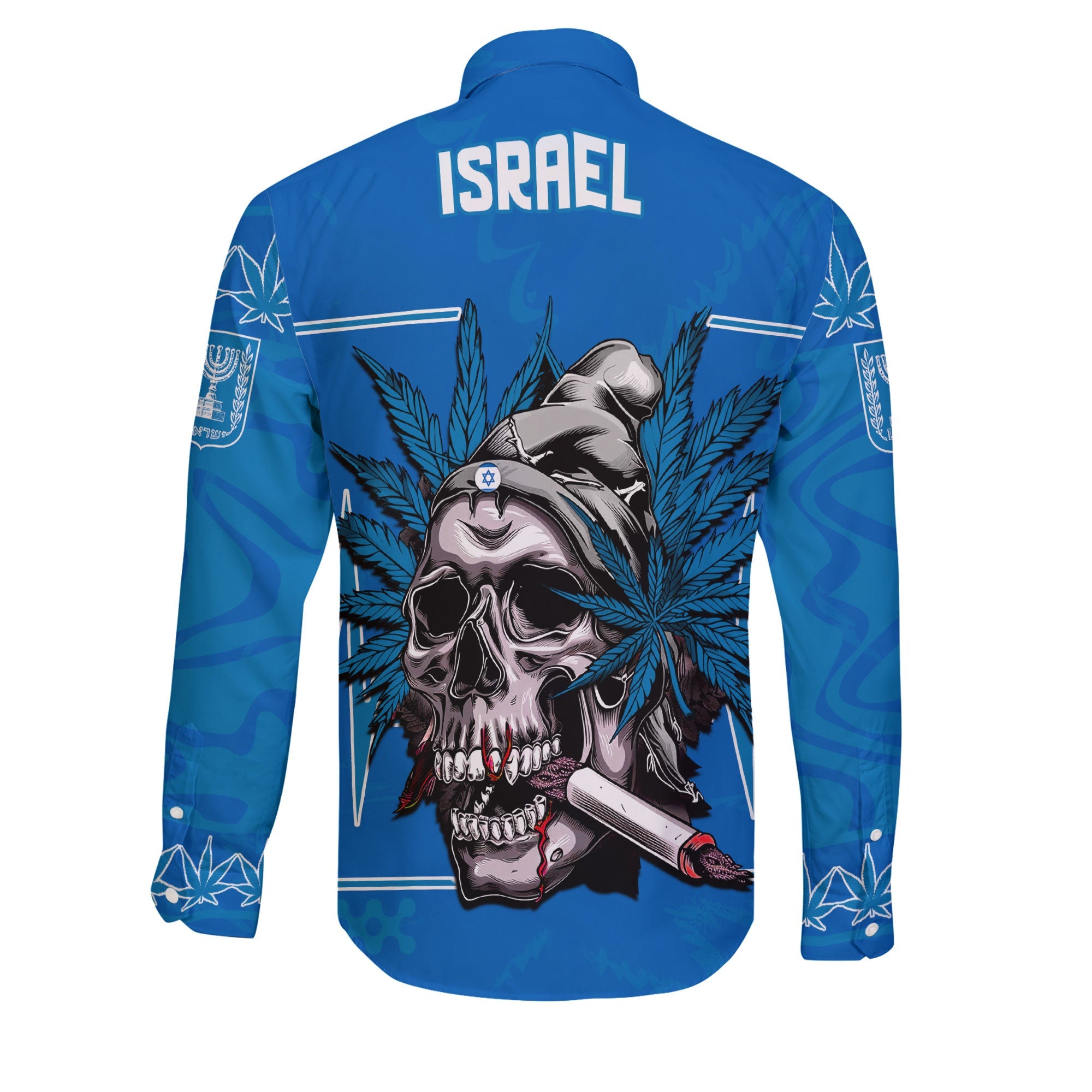 Israel Long Sleeve Button Shirt Flag & Coat Of Arms Marijuanas Style