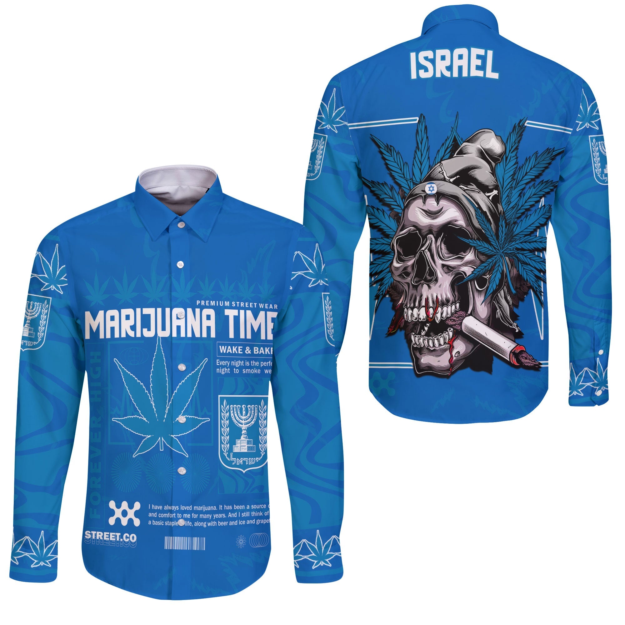 Israel Long Sleeve Button Shirt Flag & Coat Of Arms Marijuanas Style