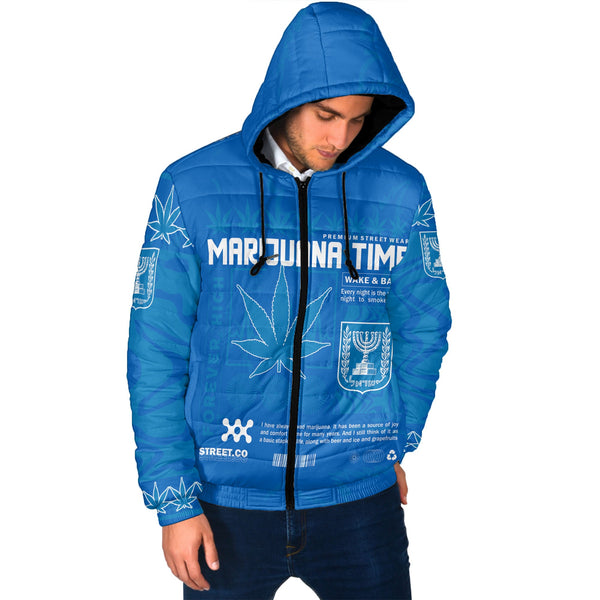 Israel Men Hooded Padded Jacket Flag & Coat Of Arms Marijuanas Style