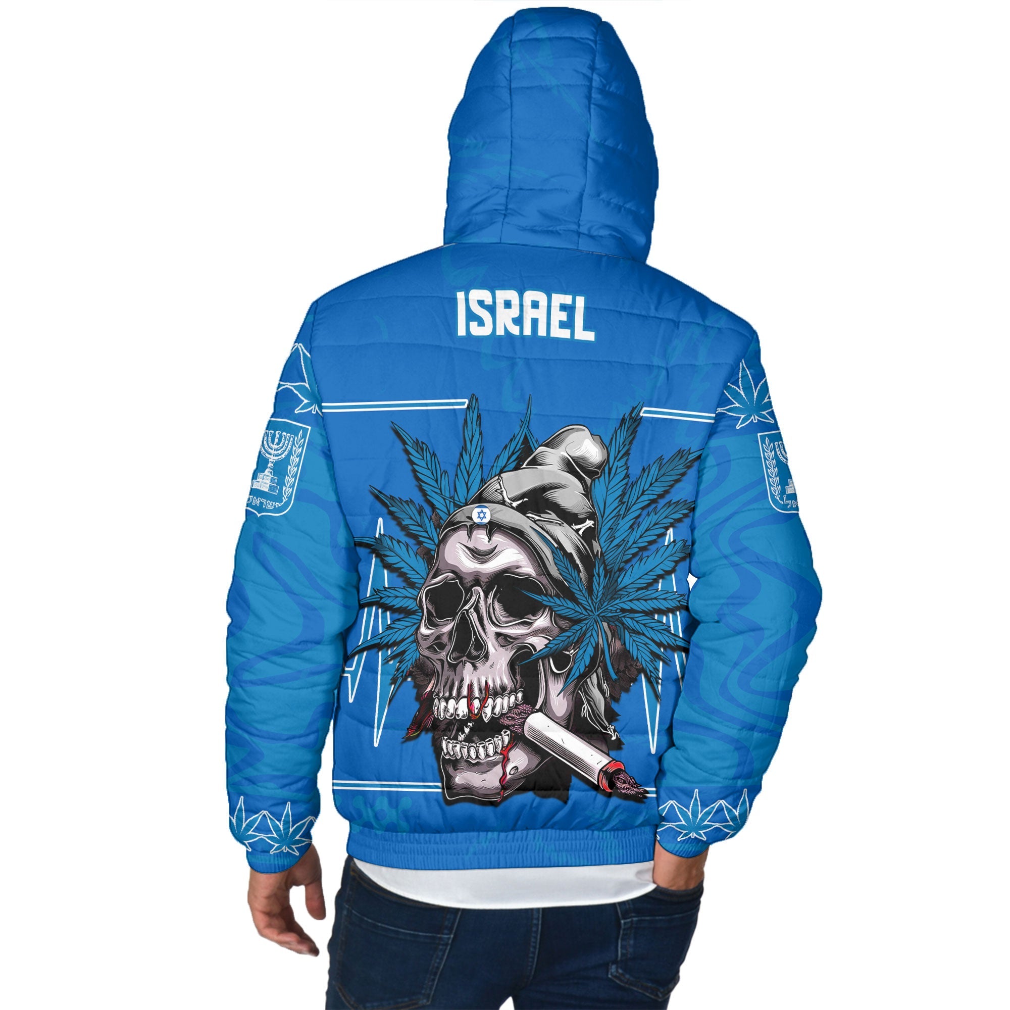 Israel Men Hooded Padded Jacket Flag & Coat Of Arms Marijuanas Style