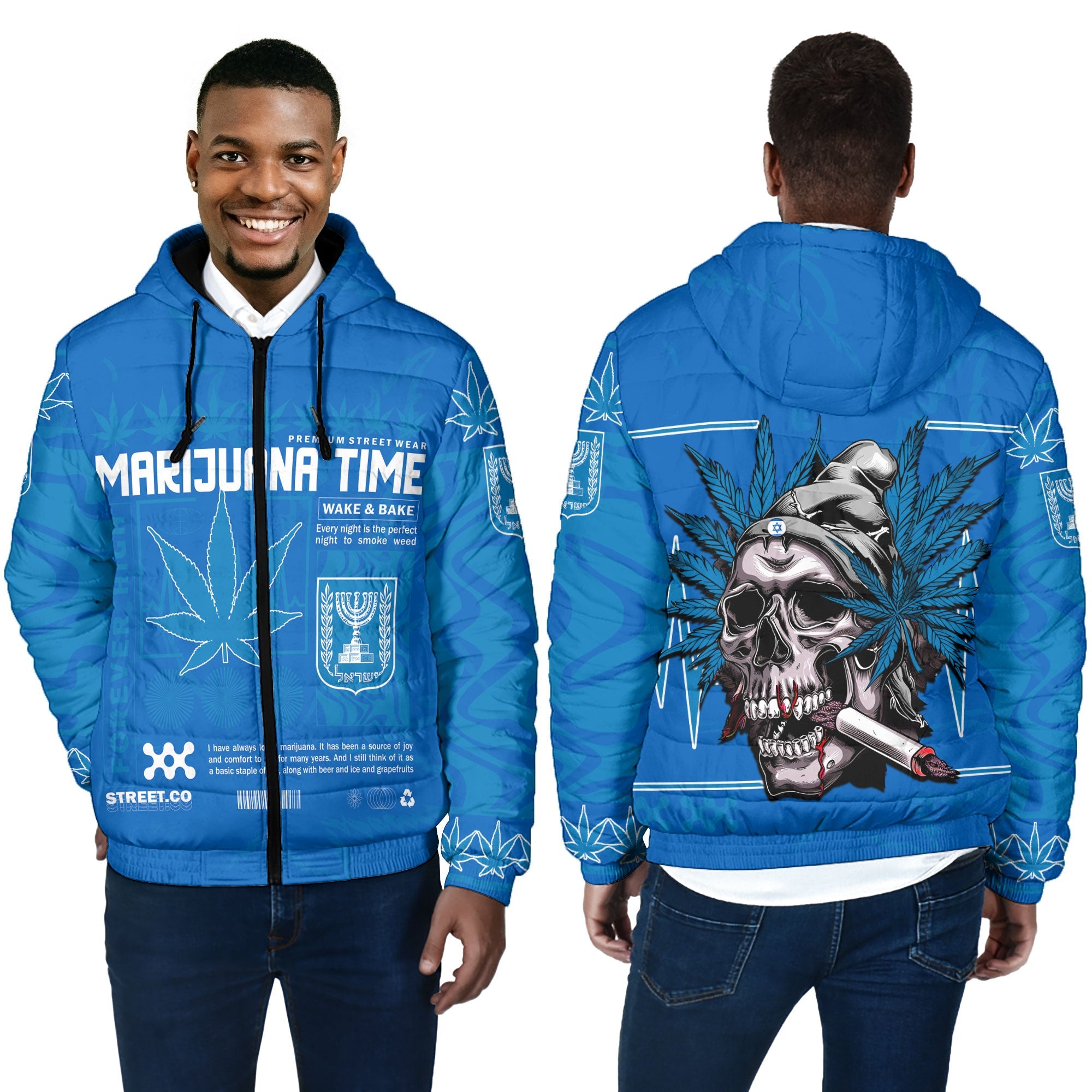 Israel Men Hooded Padded Jacket Flag & Coat Of Arms Marijuanas Style