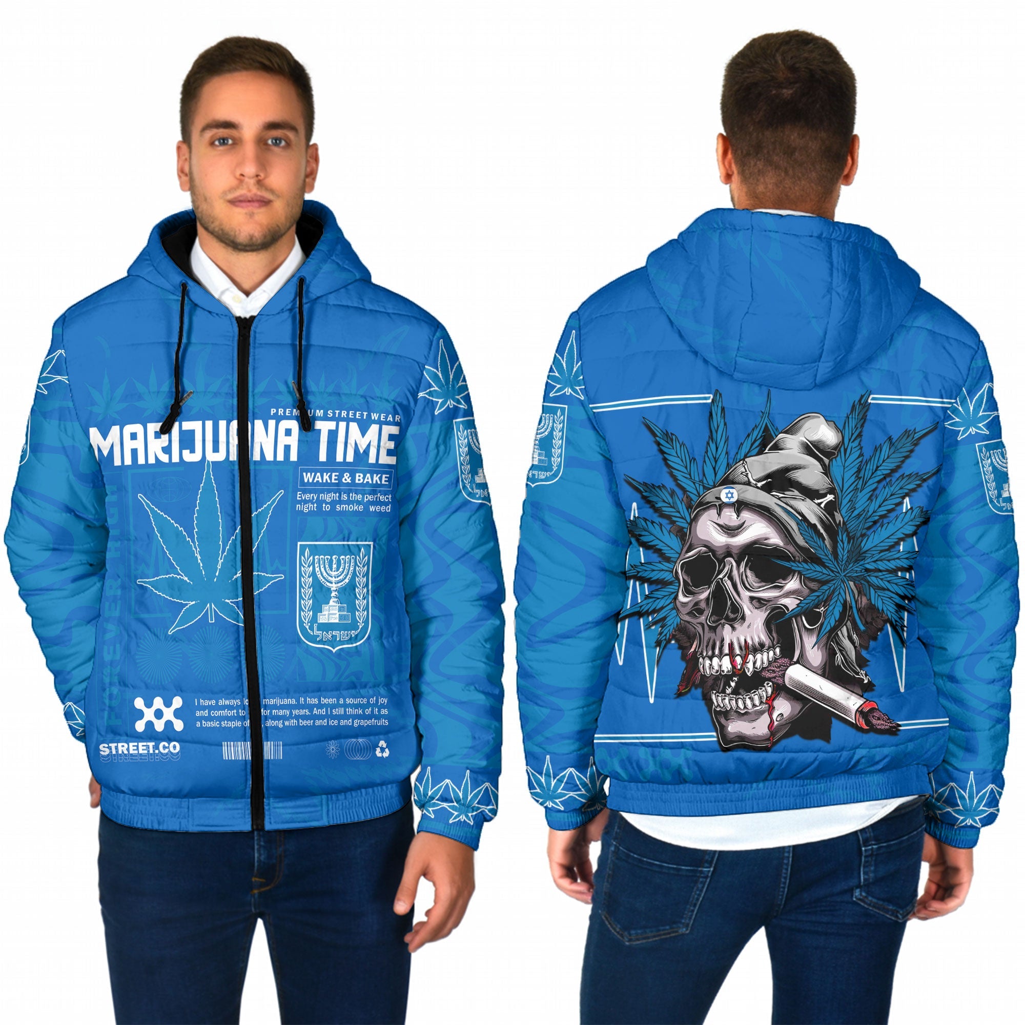 Israel Men Hooded Padded Jacket Flag & Coat Of Arms Marijuanas Style