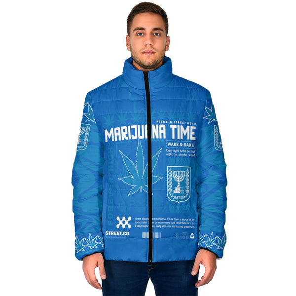 Israel Men Padded Jacket Flag & Coat Of Arms Marijuanas Style